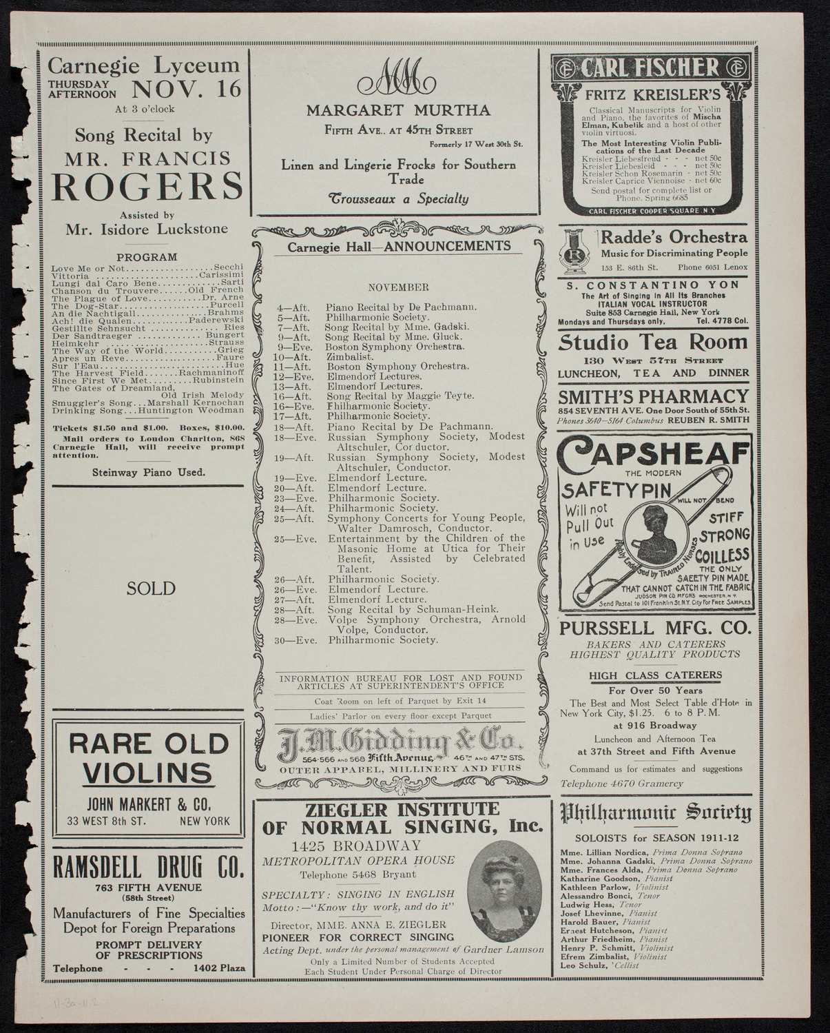 New York Philharmonic, November 3, 1911, program page 3