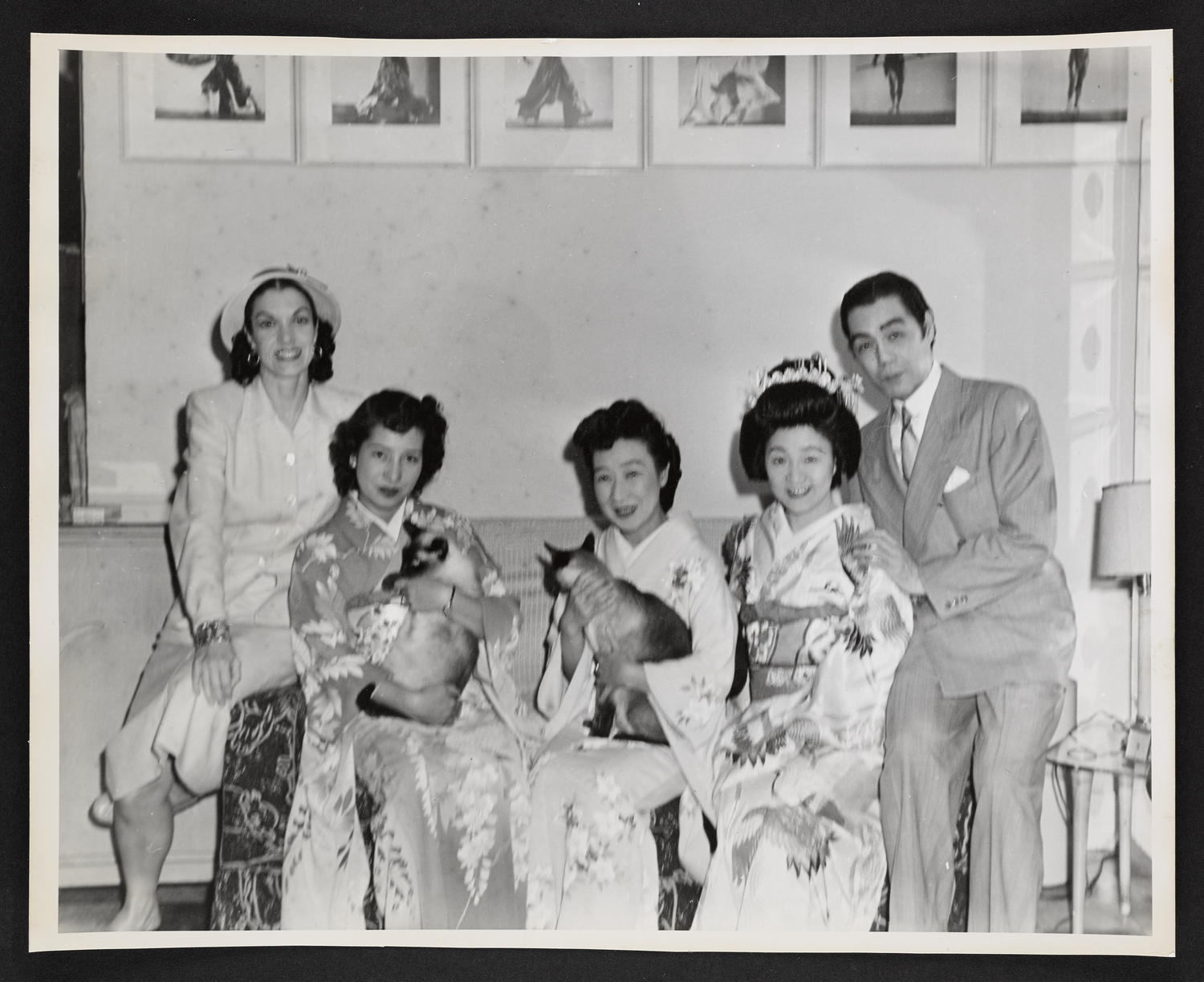 Yeichi Nimura and Lisan Kay with singers and cats in Ballet Arts, Carnegie Hall Studio #60, c. 1940s