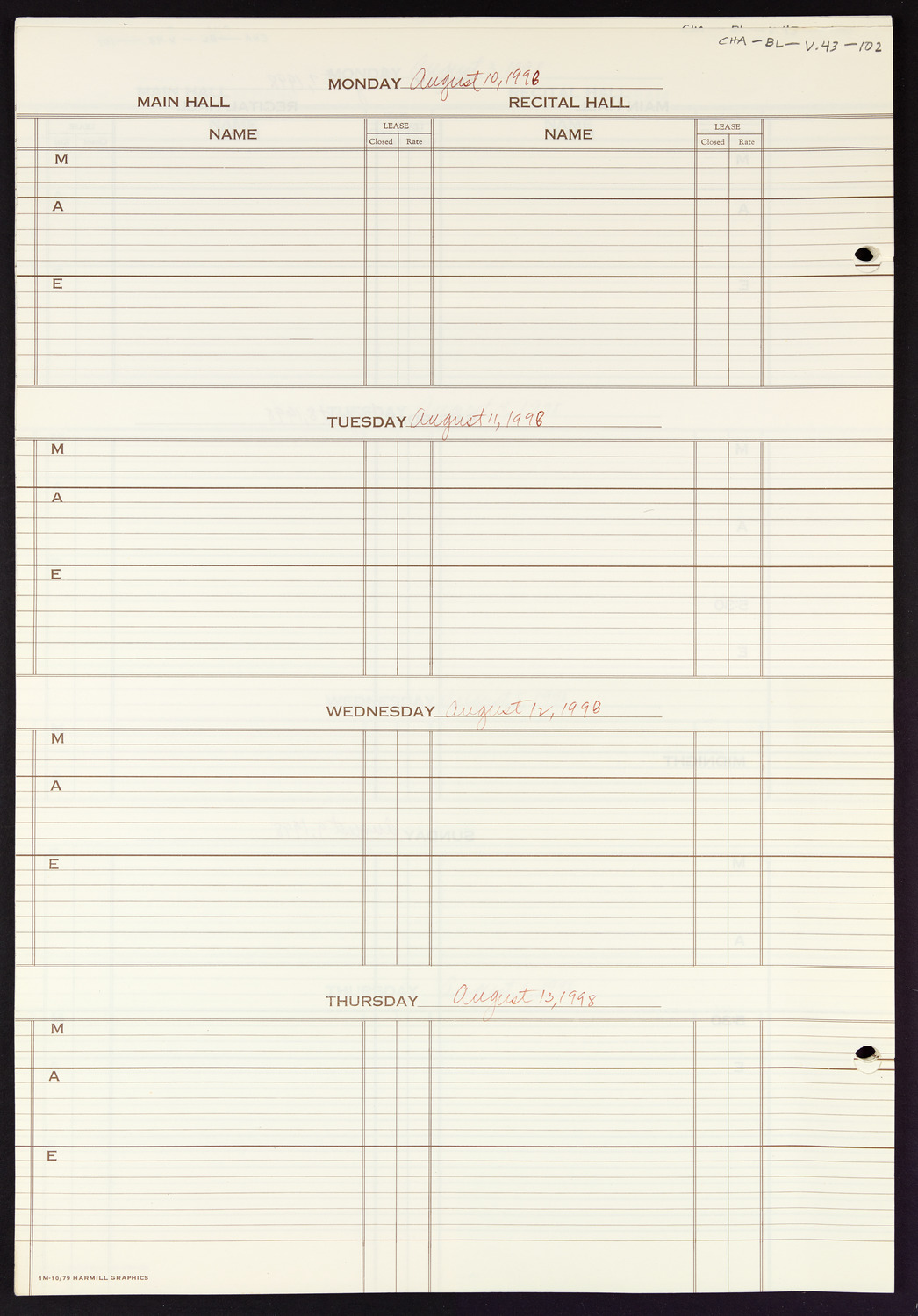 Carnegie Hall Booking Ledger, volume 43, page 102