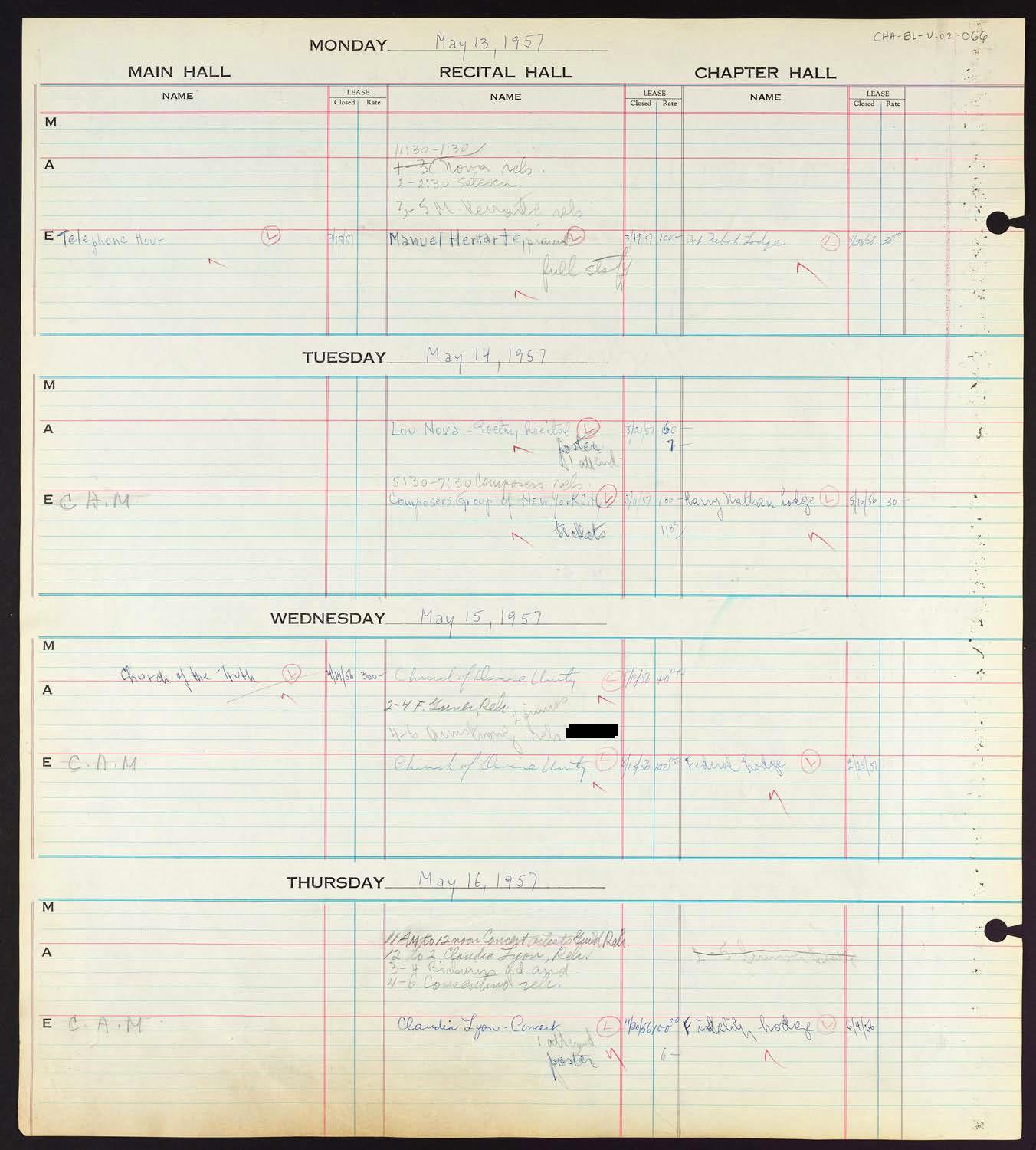 Carnegie Hall Booking Ledger, volume 2, page 66