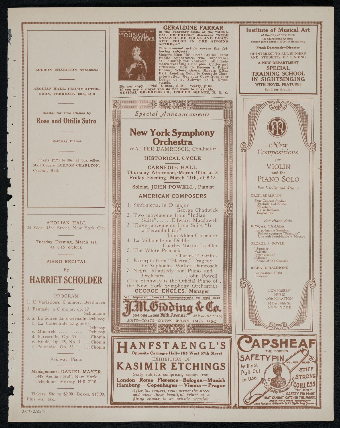 National Symphony Orchestra, February 17, 1921, program page 9