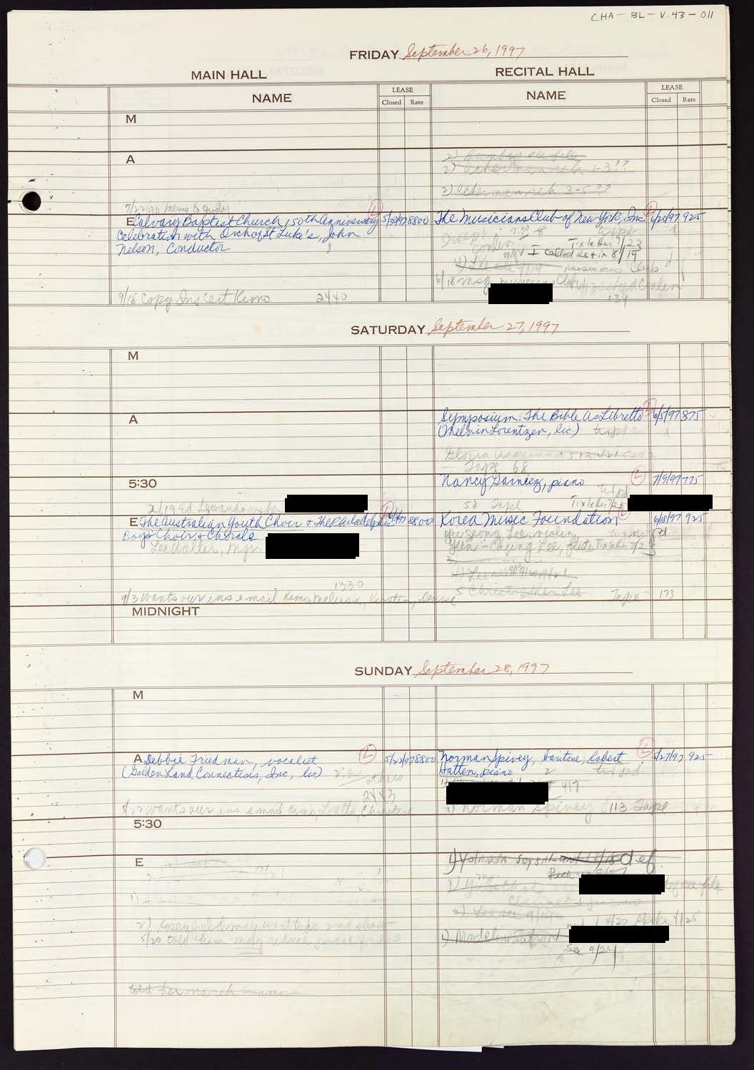 Carnegie Hall Booking Ledger, volume 43, page 11