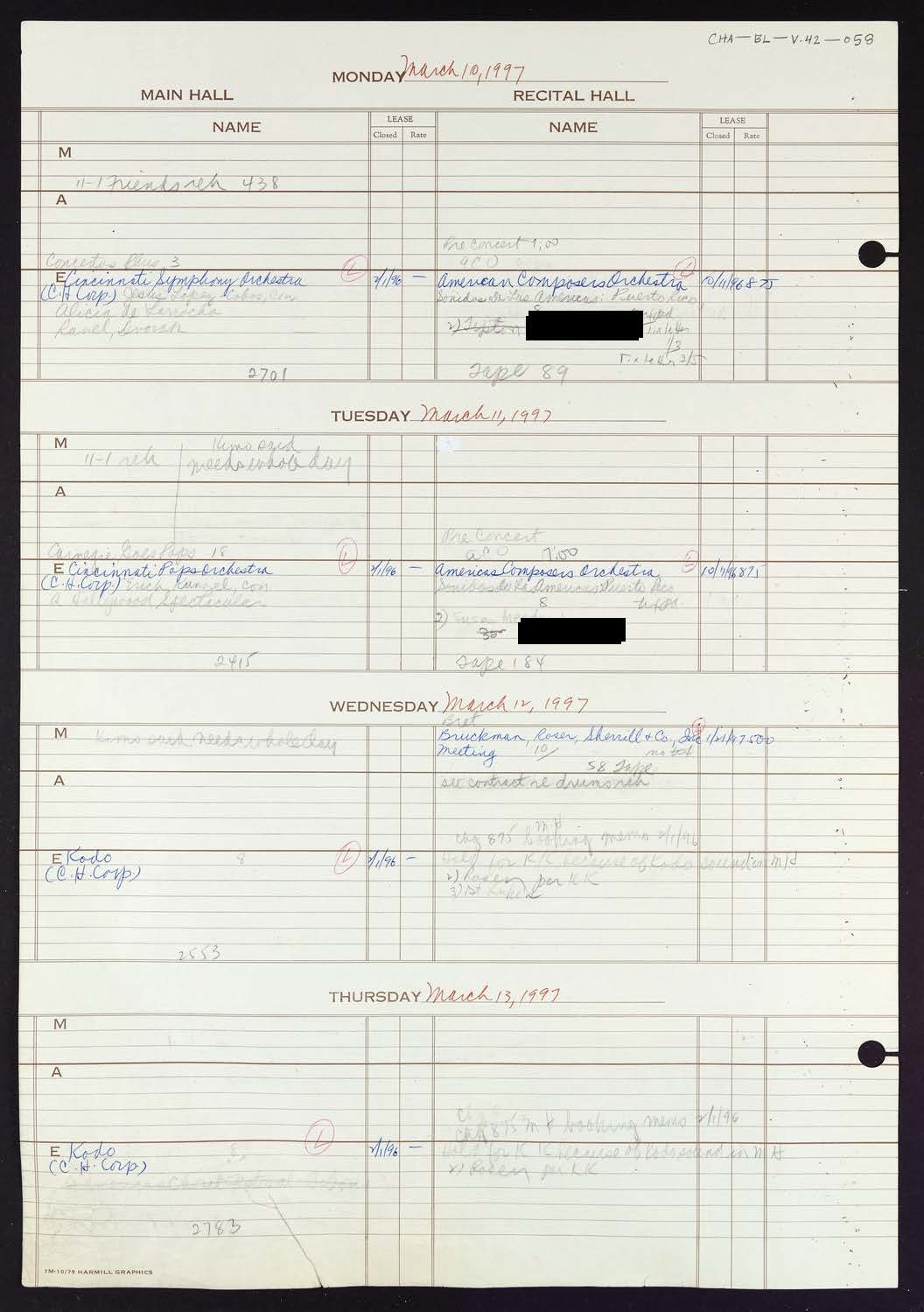 Carnegie Hall Booking Ledger, volume 42, page 58