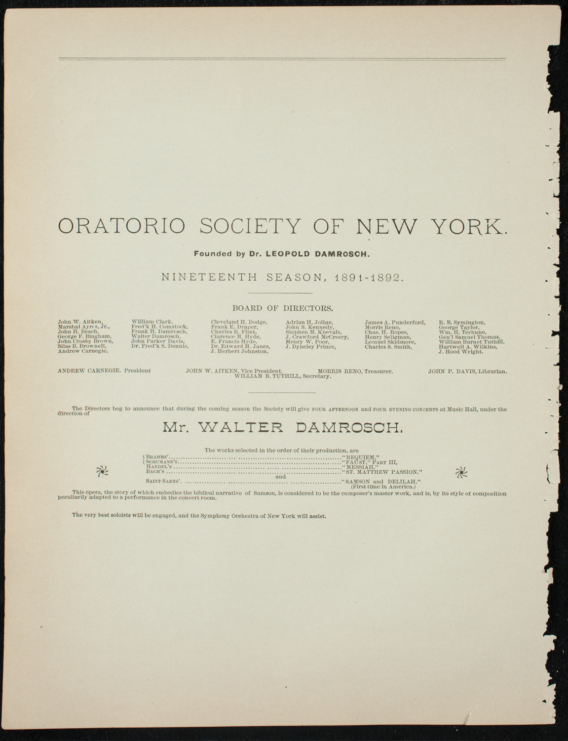 Damrosch Sunday Concert, November 15, 1891, program page 8