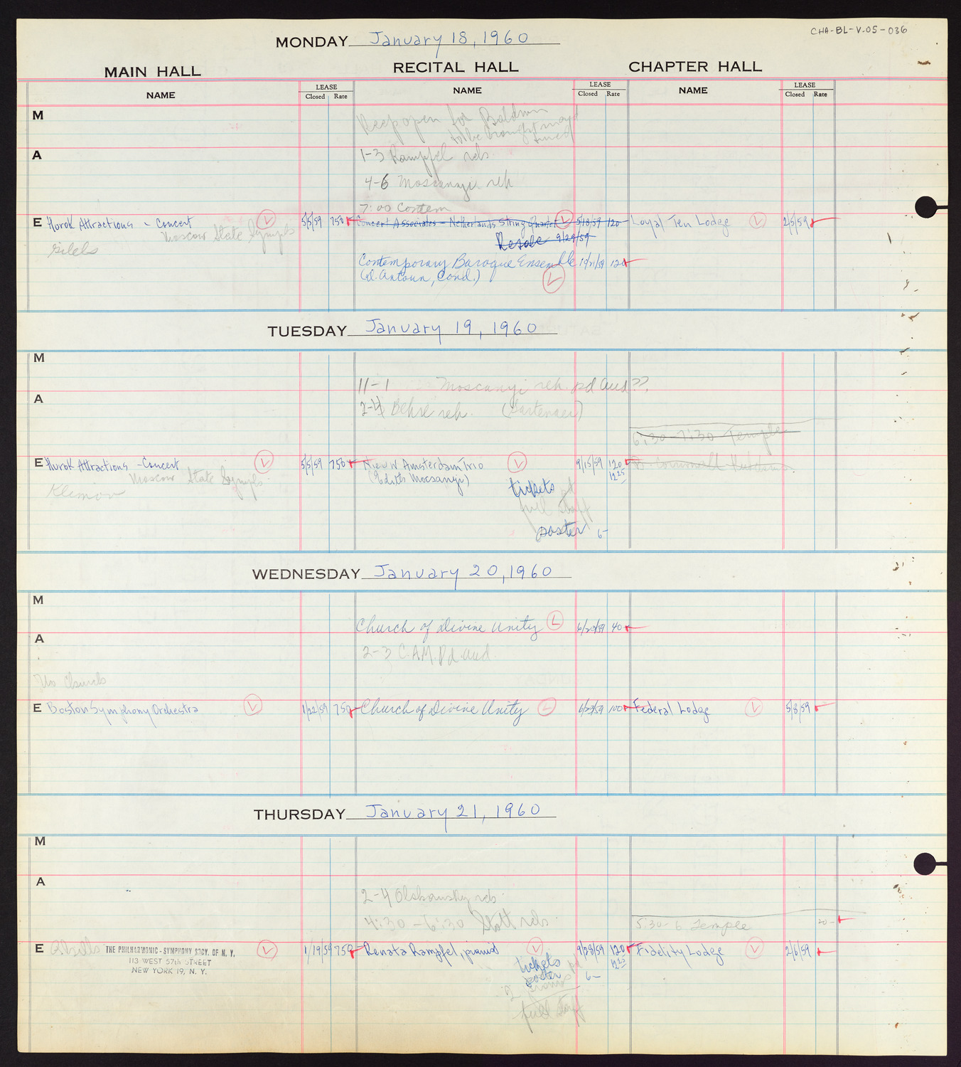 Carnegie Hall Booking Ledger, volume 5, page 36