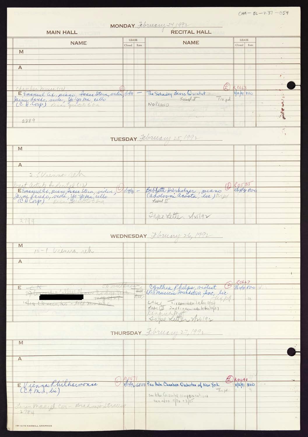 Carnegie Hall Booking Ledger, volume 37, page 54