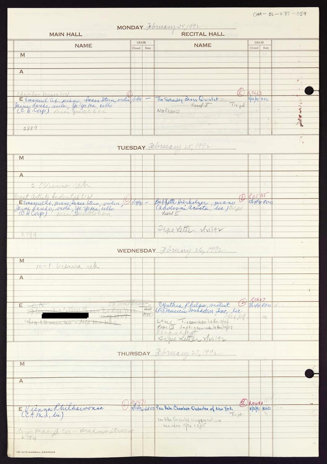 Carnegie Hall Booking Ledger, volume 37, page 54