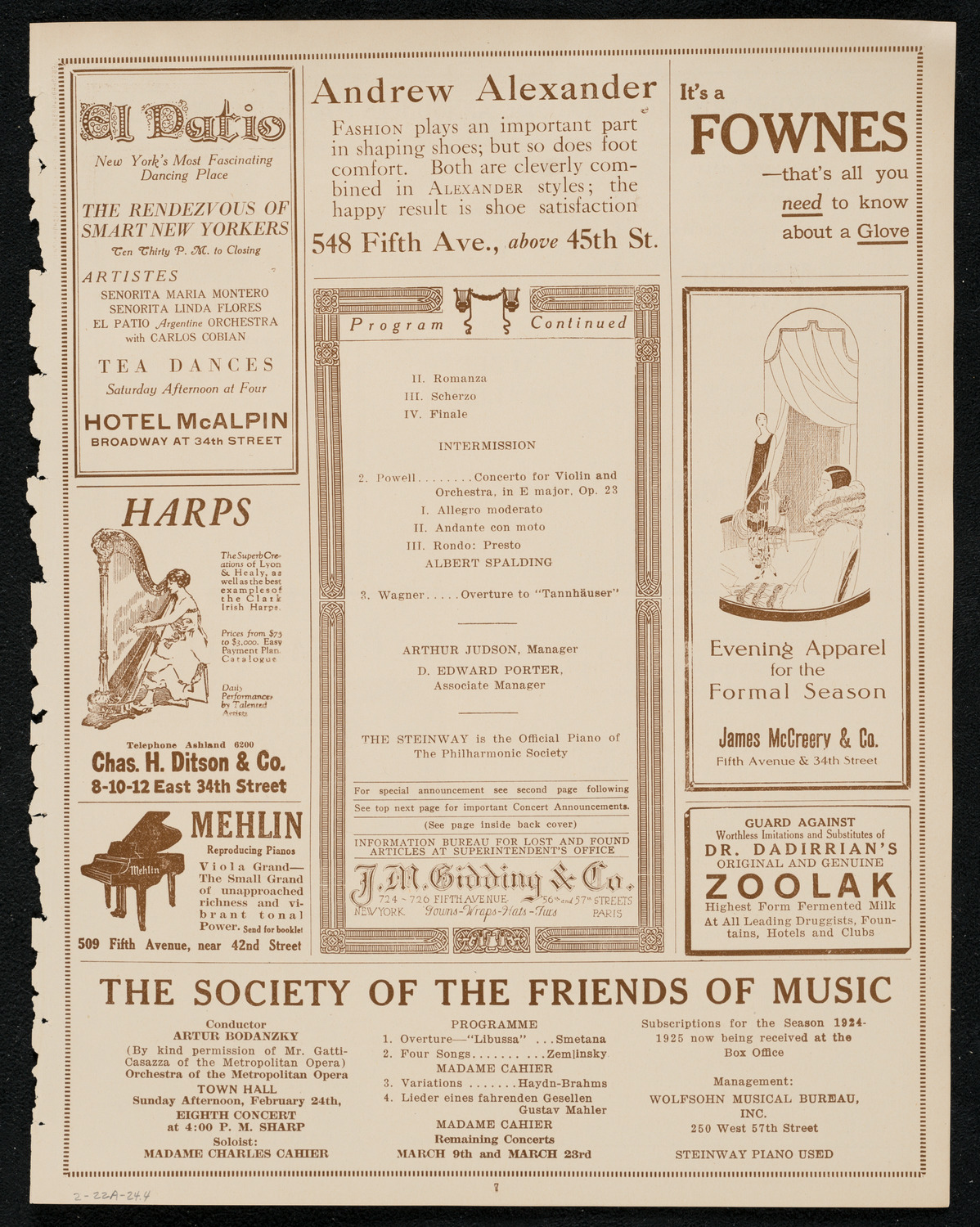 New York Philharmonic, February 22, 1924, program page 7