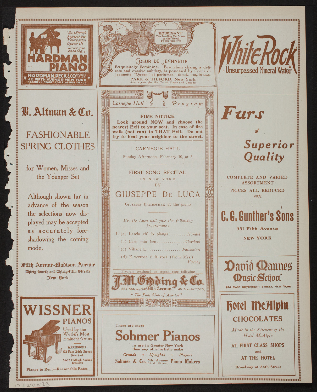 Giuseppe De Luca, Baritone, February 10, 1918, program page 5