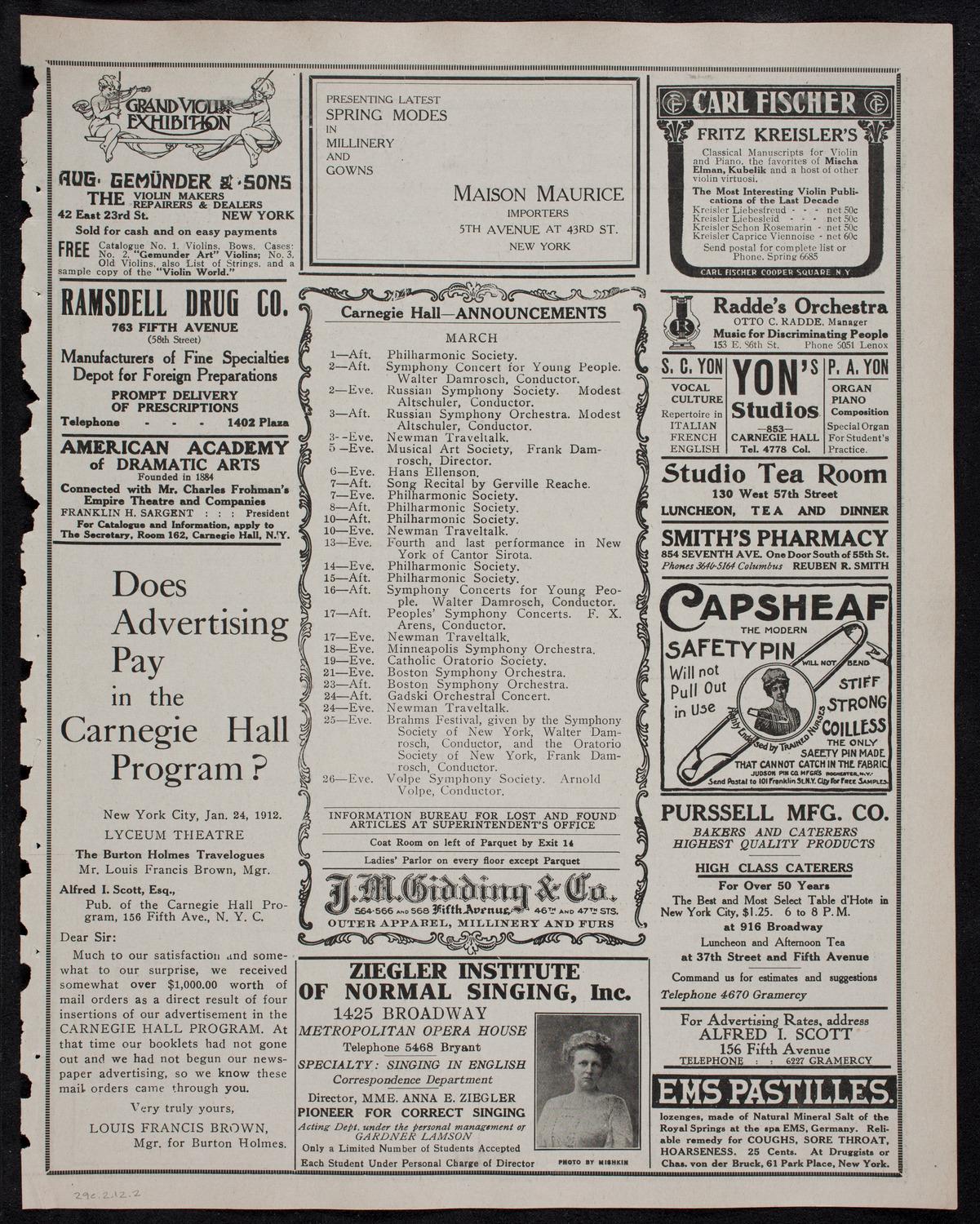 New York Philharmonic, February 29, 1912, program page 3