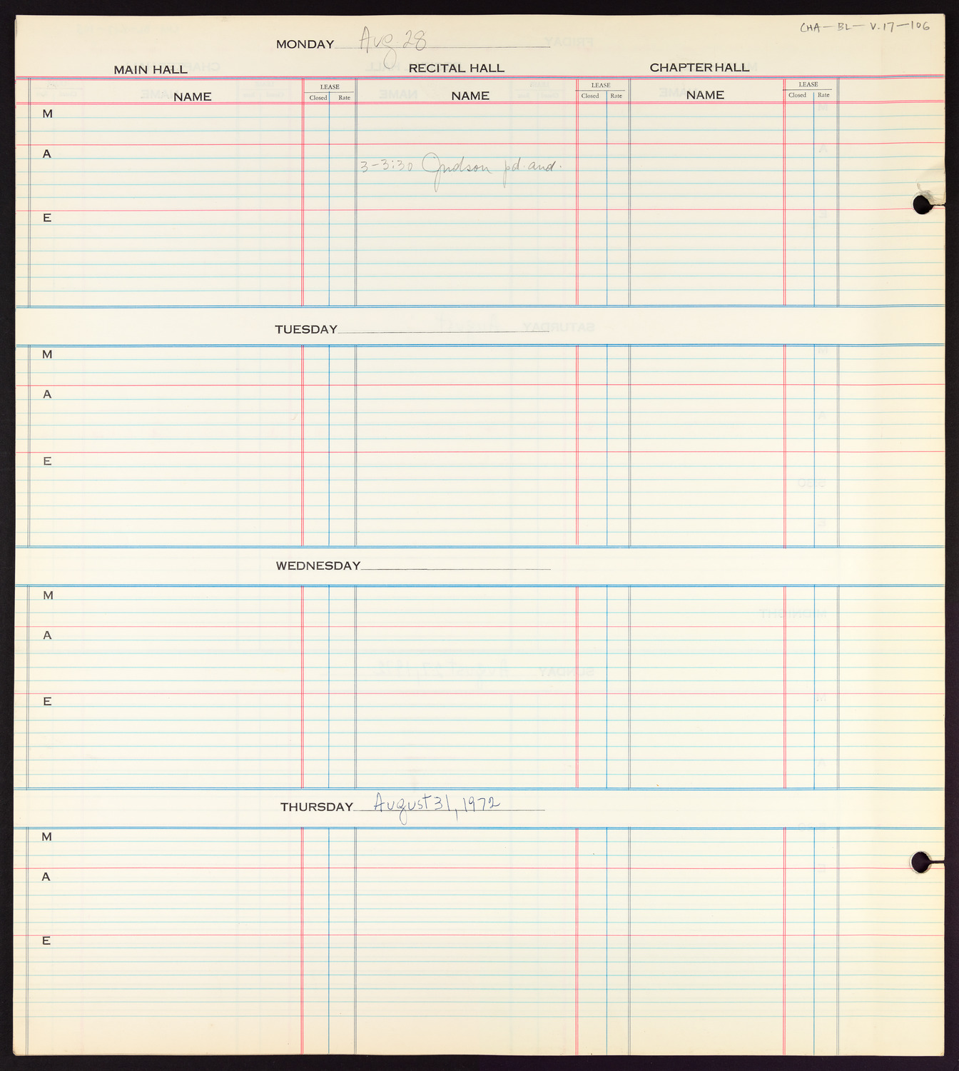 Carnegie Hall Booking Ledger, volume 17, page 106