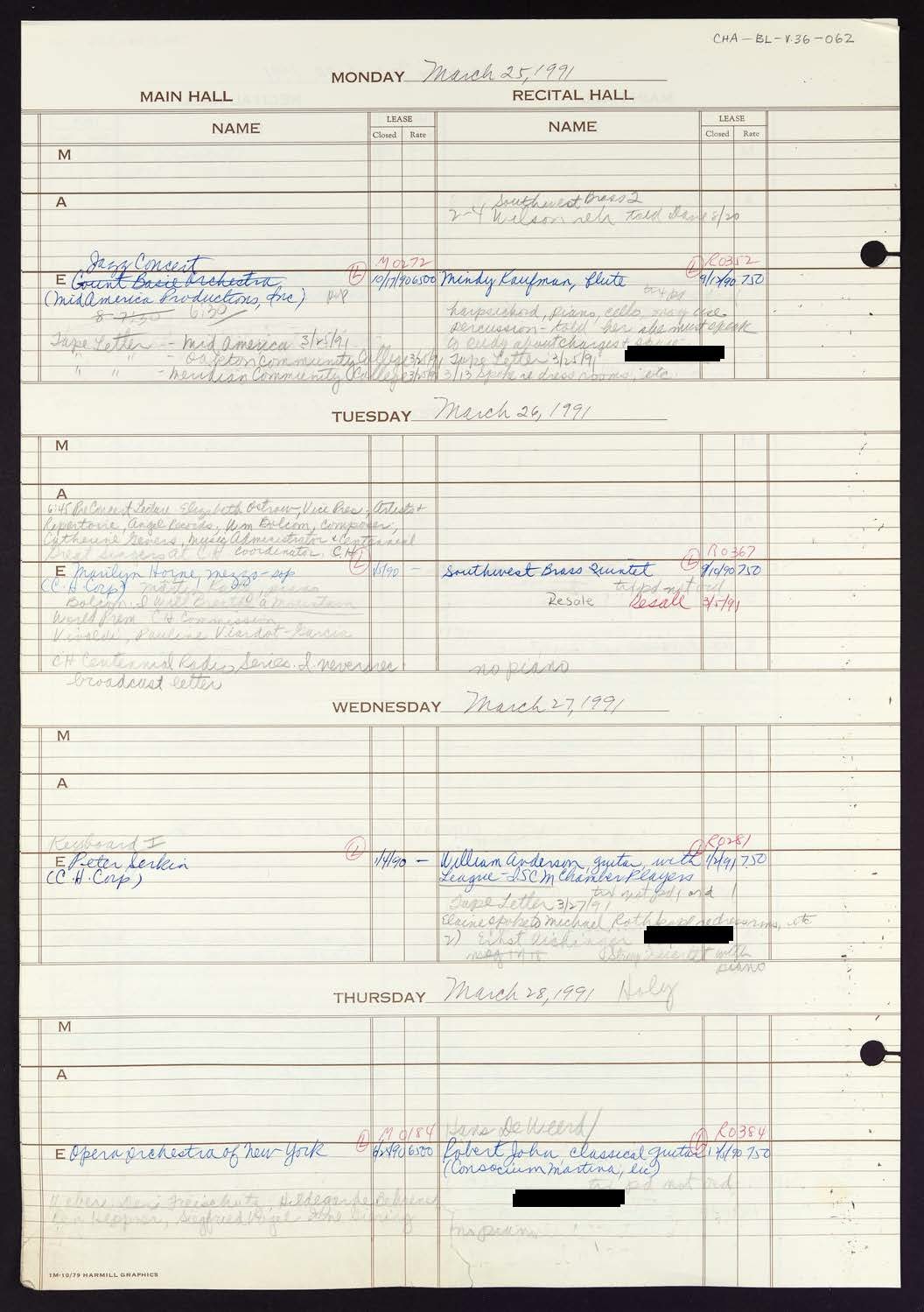 Carnegie Hall Booking Ledger, volume 36, page 62