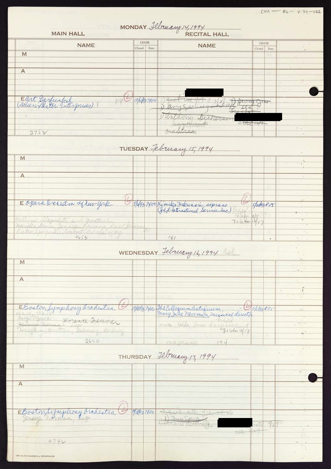 Carnegie Hall Booking Ledger, volume 39, page 52