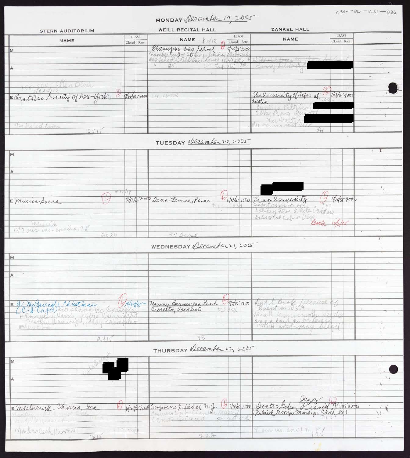 Carnegie Hall Booking Ledger, volume 51, page 36