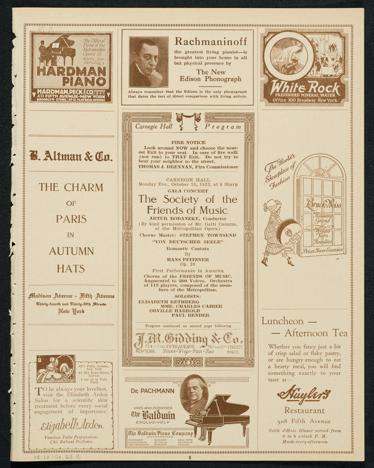 Society of the Friends of Music, October 15, 1923, program page 5