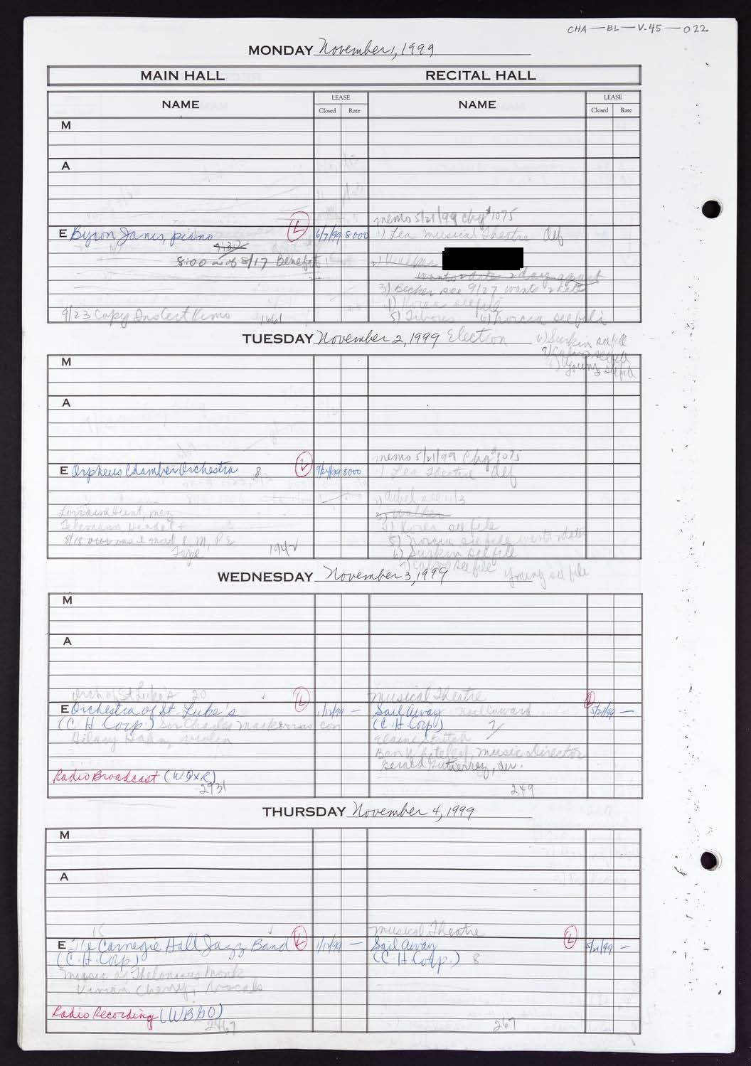 Carnegie Hall Booking Ledger, volume 45, page 22