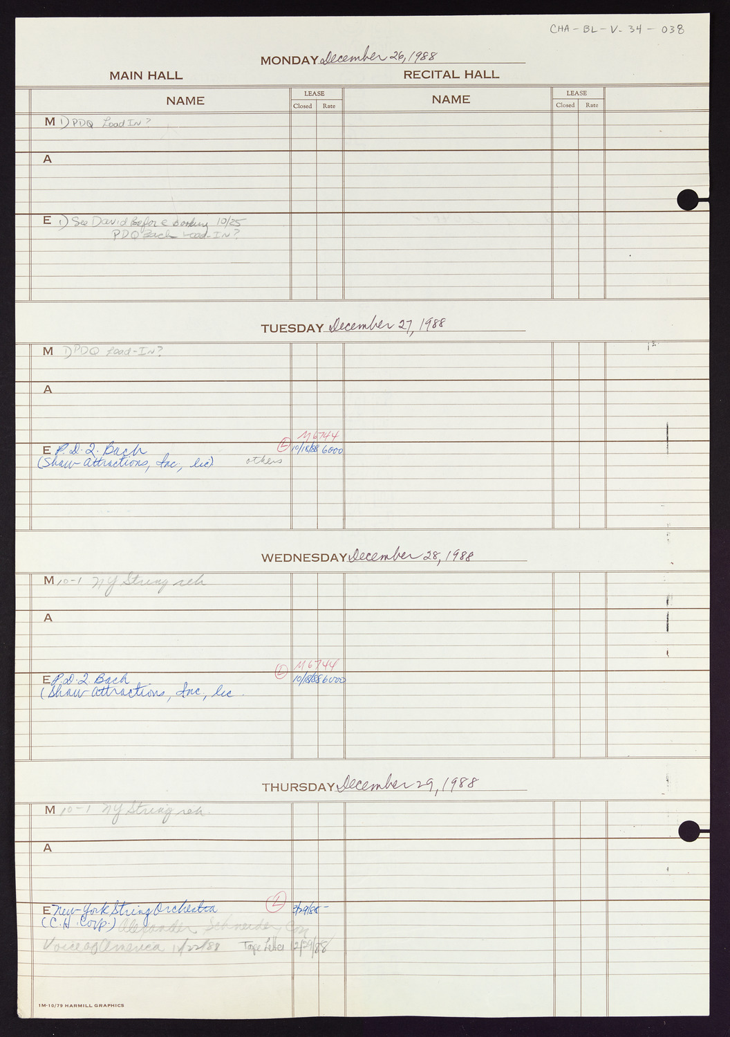 Carnegie Hall Booking Ledger, volume 34, page 38