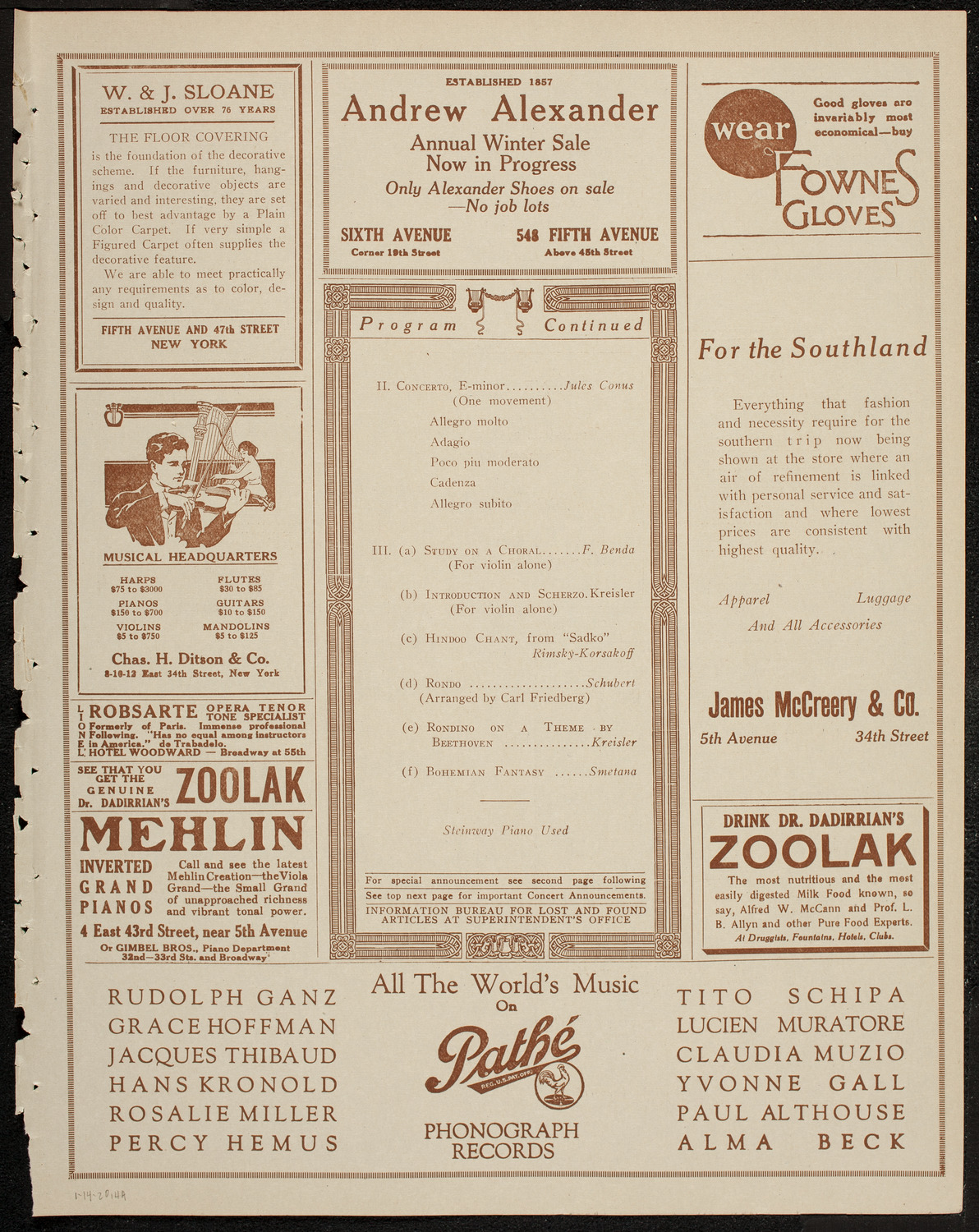 Fritz Kreisler, Violin, January 14, 1920, program page 7