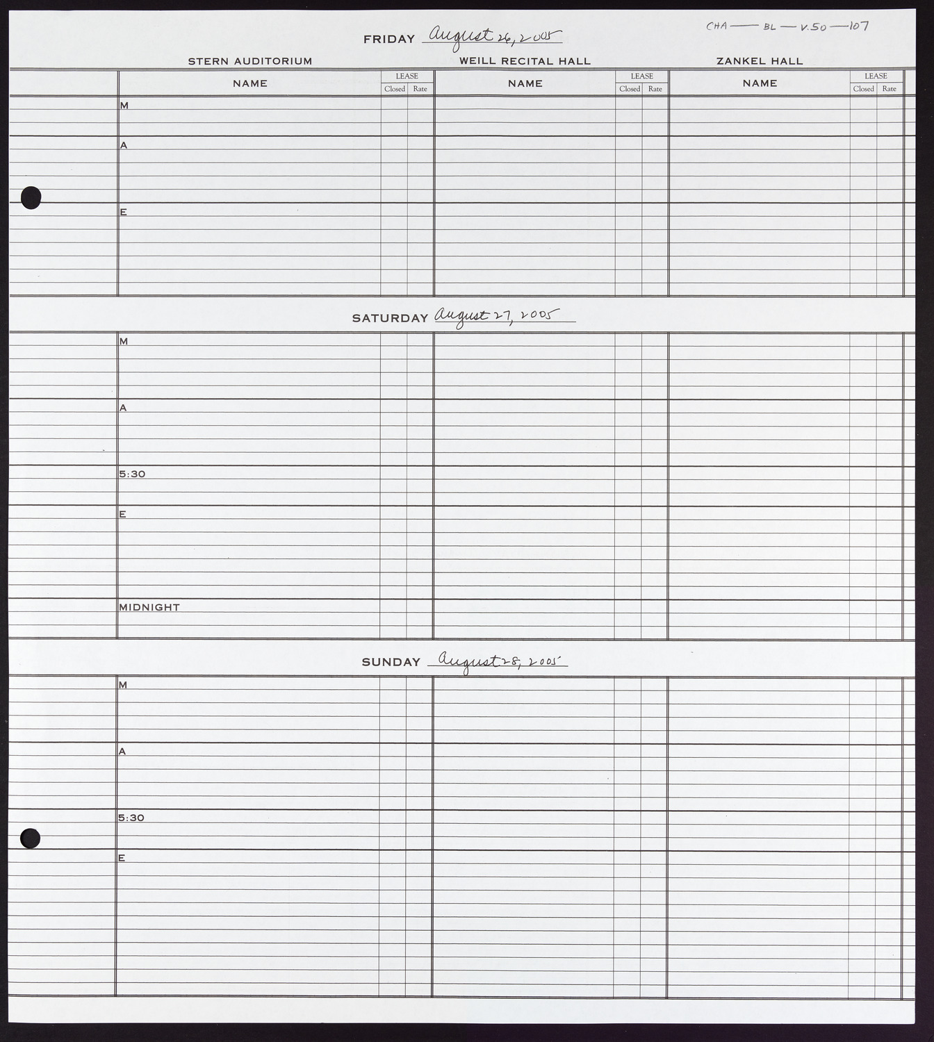 Carnegie Hall Booking Ledger, volume 50, page 107