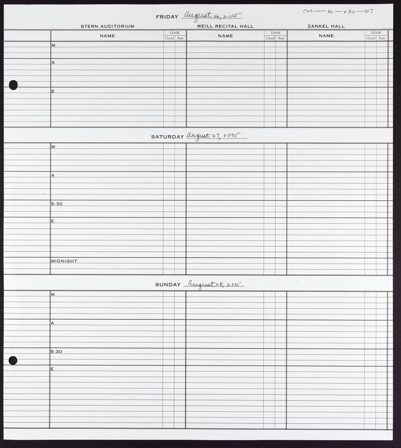 Carnegie Hall Booking Ledger, volume 50, page 107