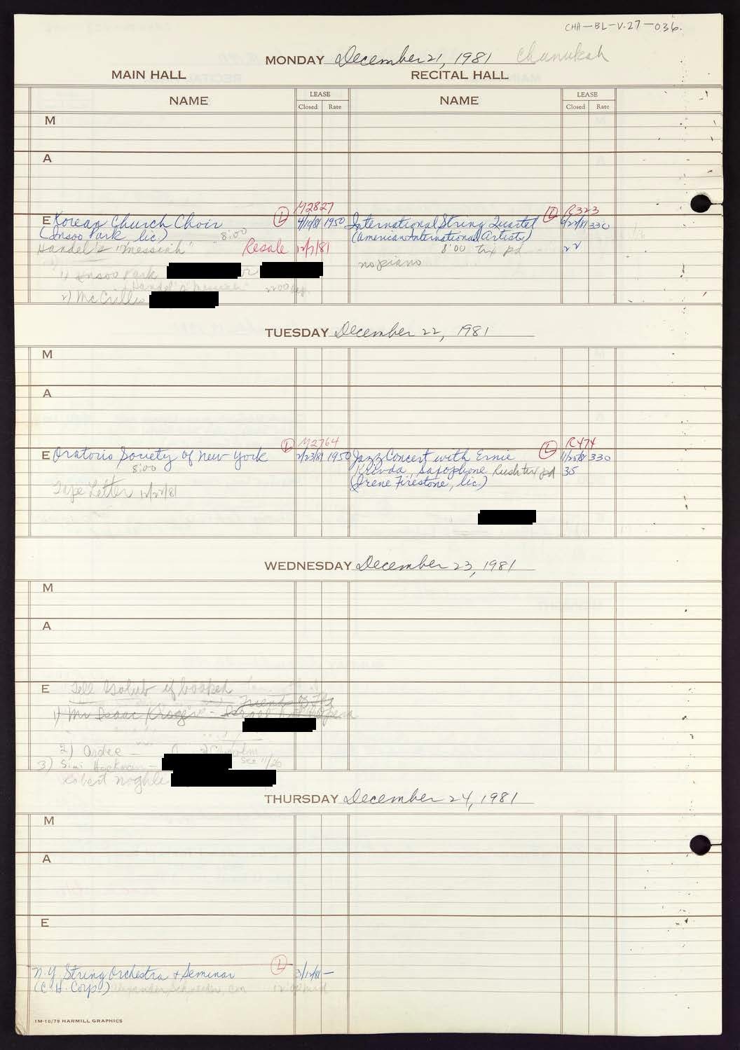 Carnegie Hall Booking Ledger, volume 27, page 36