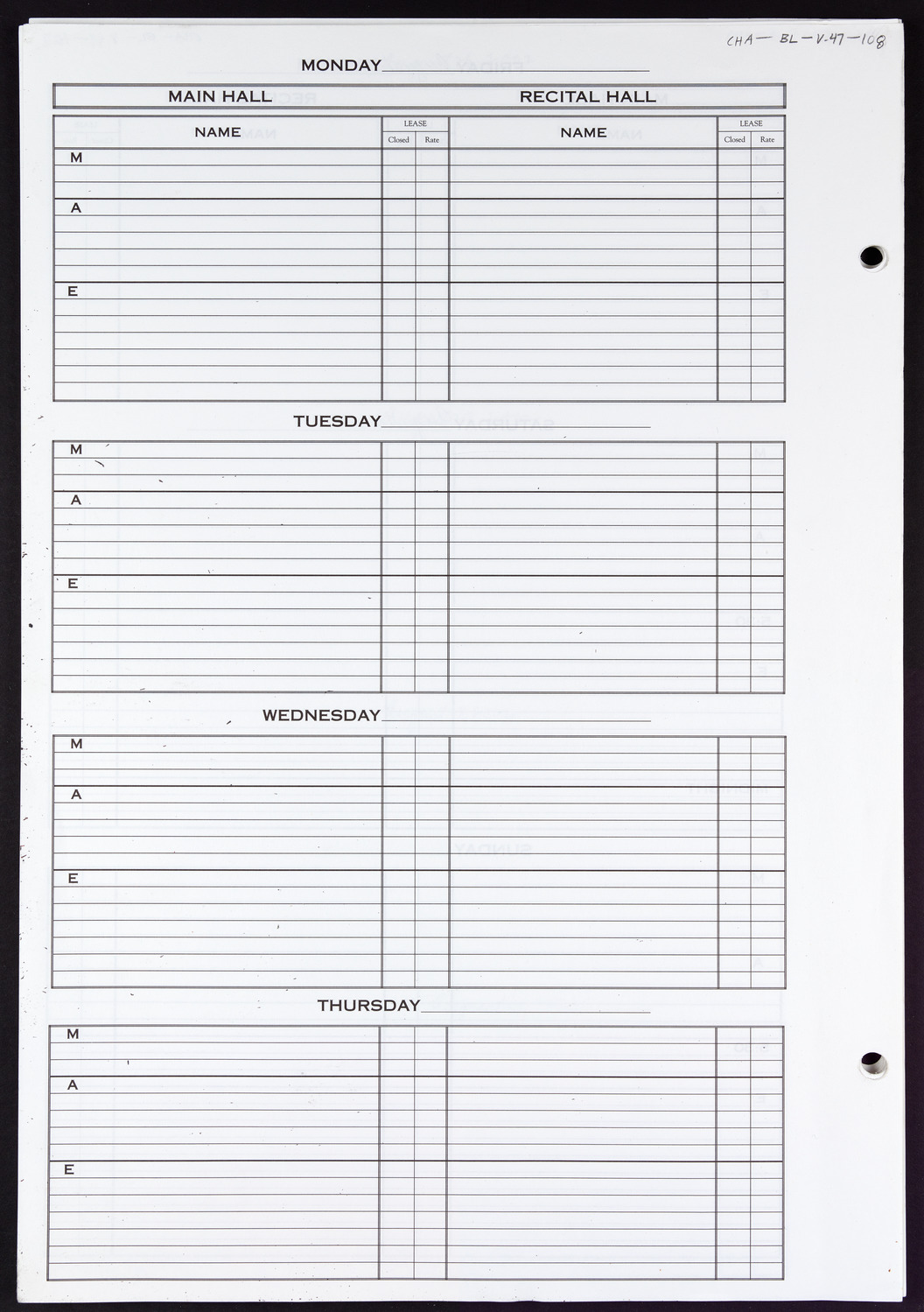 Carnegie Hall Booking Ledger, volume 47, page 108