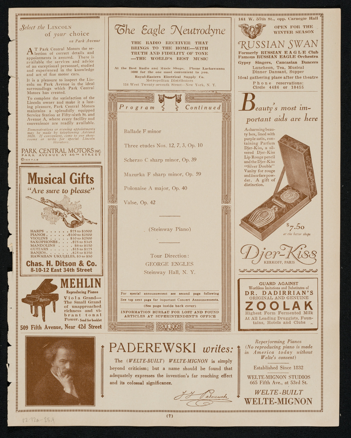 Ignacy Jan Paderewski, Piano, December 12, 1925, program page 7