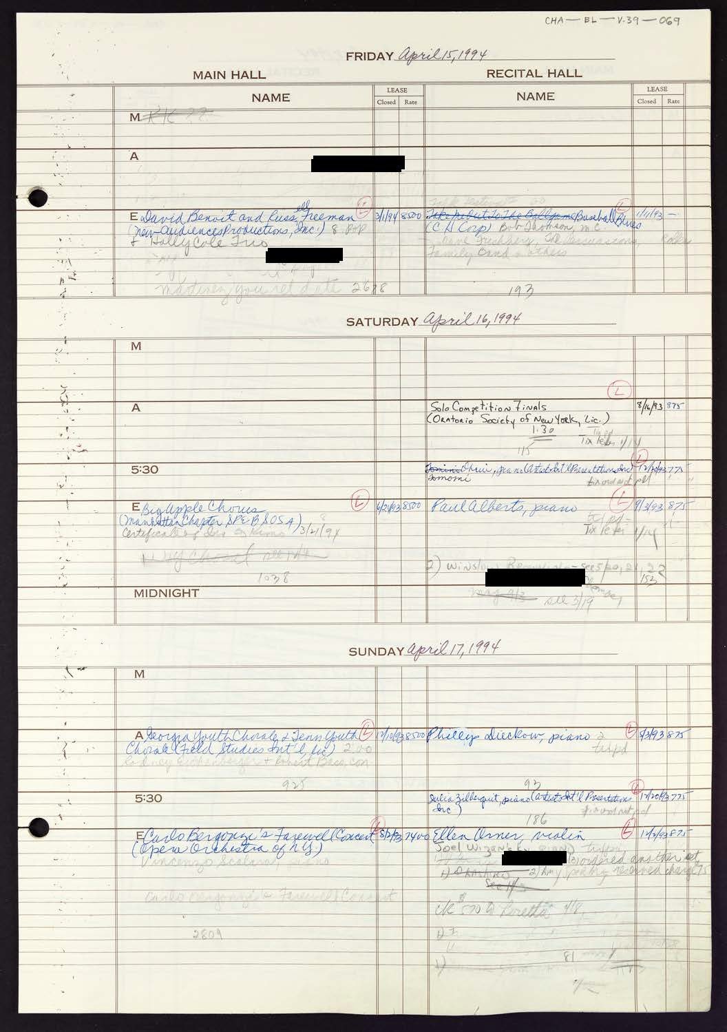 Carnegie Hall Booking Ledger, volume 39, page 69