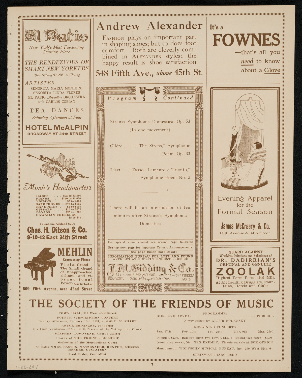 Boston Symphony Orchestra, January 3, 1924, program page 7