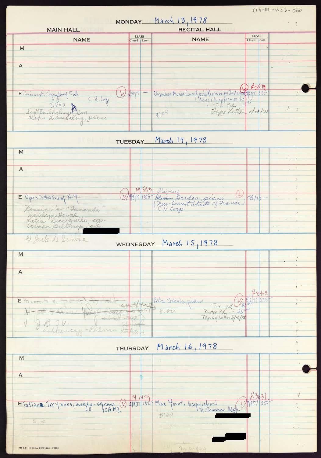 Carnegie Hall Booking Ledger, volume 23, page 60