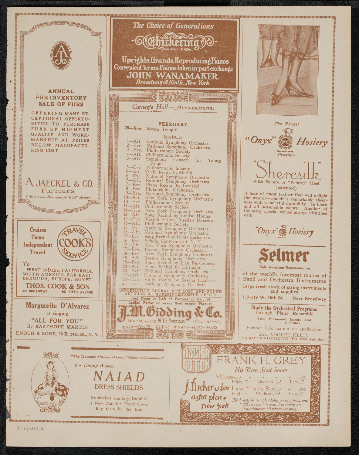 National Symphony Orchestra, February 27, 1921, program page 3