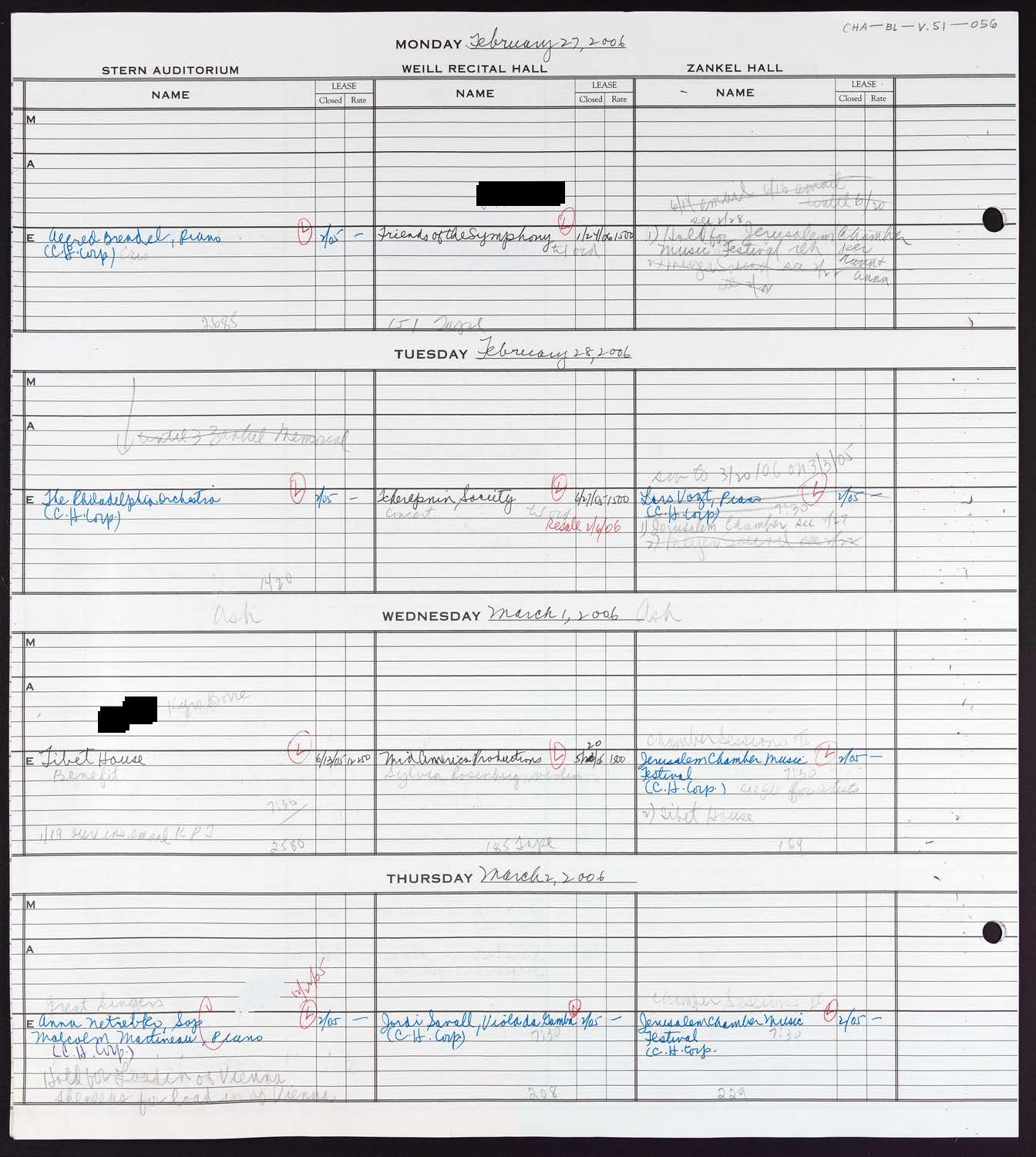 Carnegie Hall Booking Ledger, volume 51, page 56