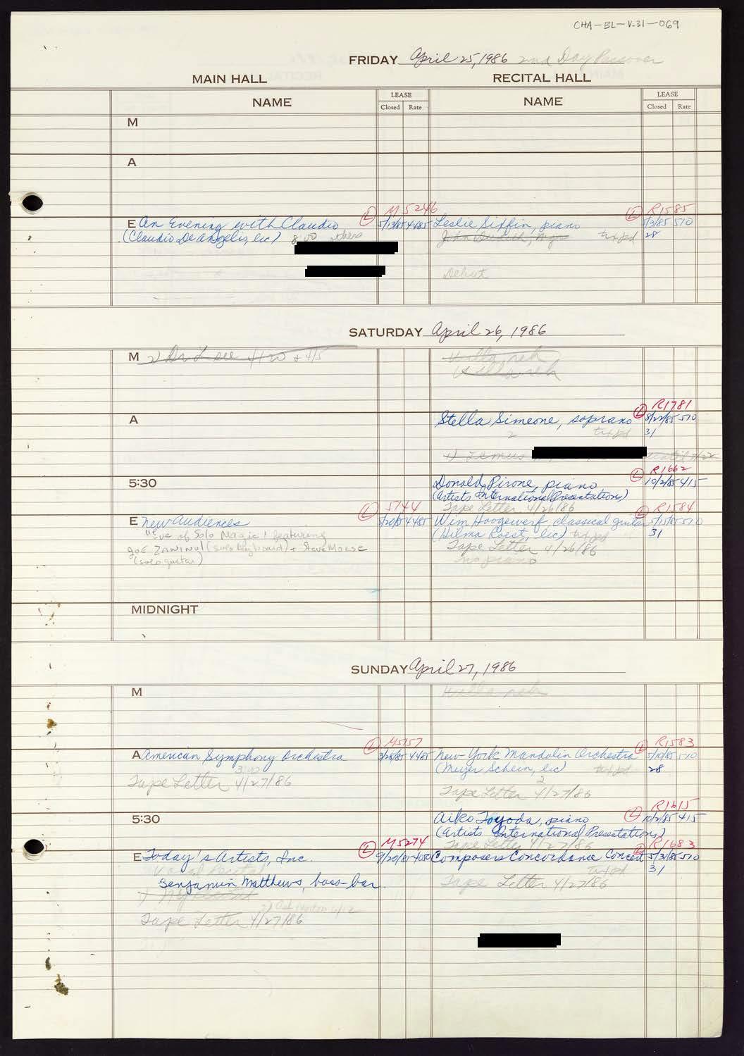 Carnegie Hall Booking Ledger, volume 31, page 69