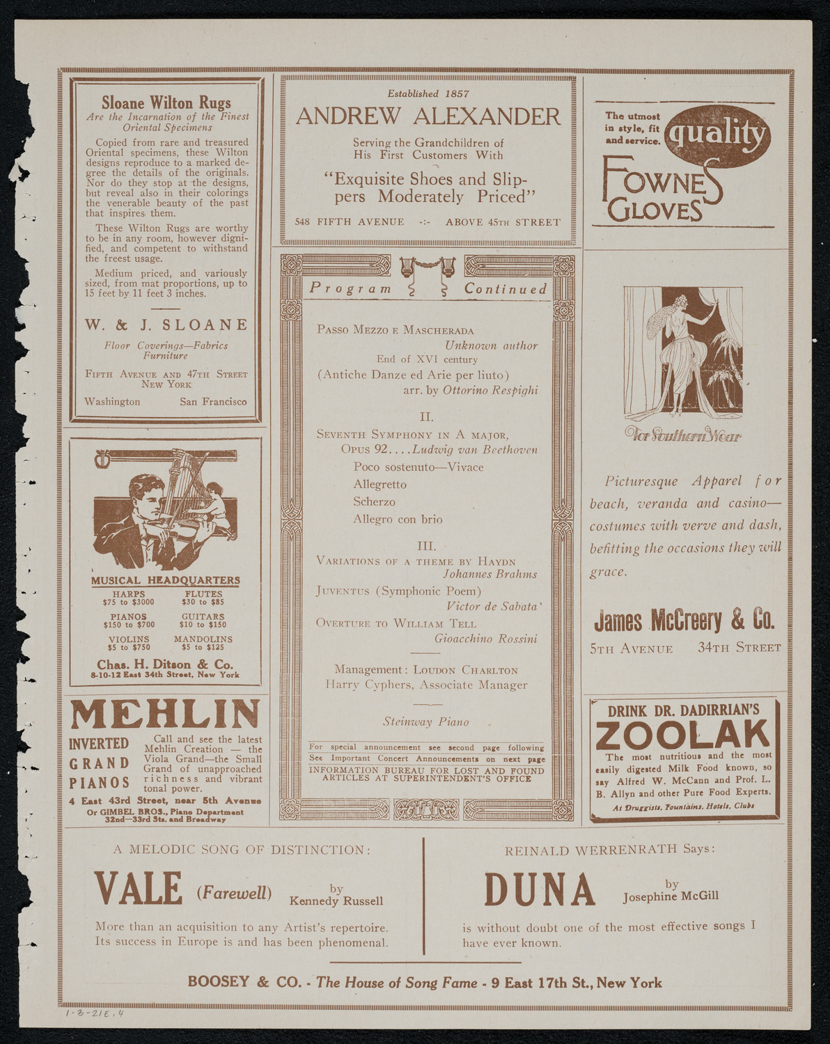 La Scala Orchestra, January 3, 1921, program page 7