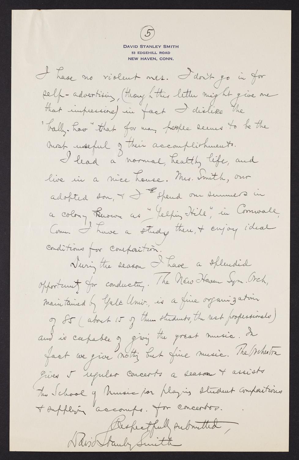 Correspondence from David Stanley Smith to David Ewen, page 5 of 5