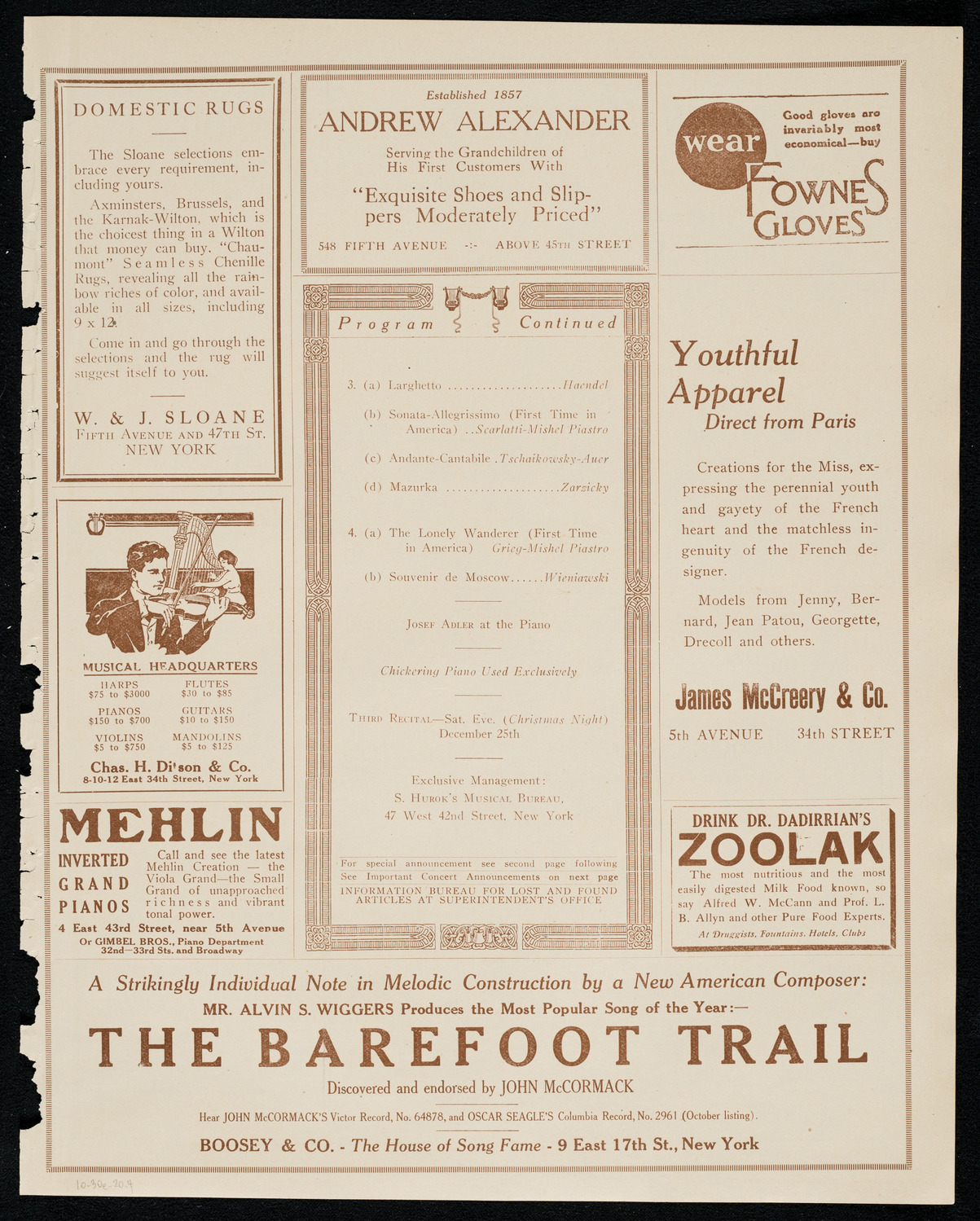 Mishel Piastro, Violin, October 30, 1920, program page 7