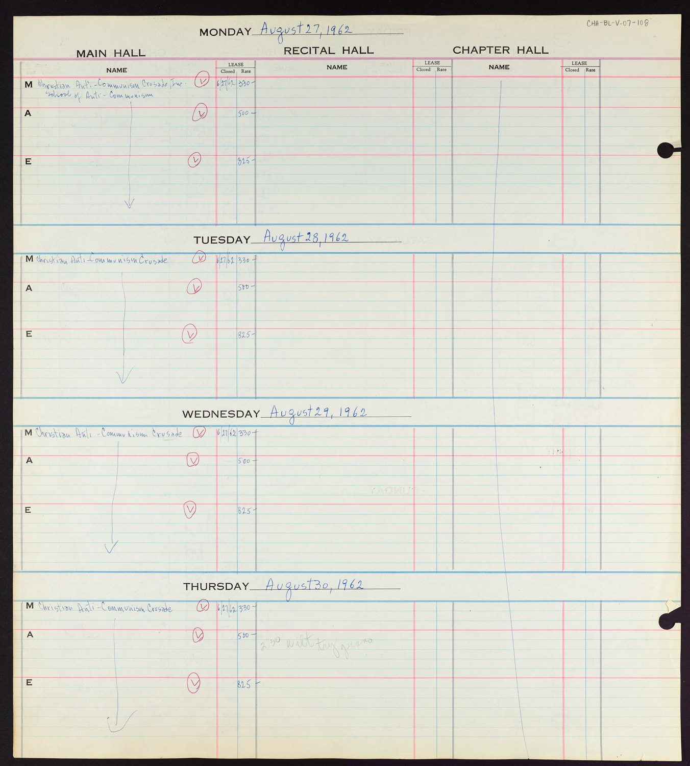 Carnegie Hall Booking Ledger, volume 7, page 108