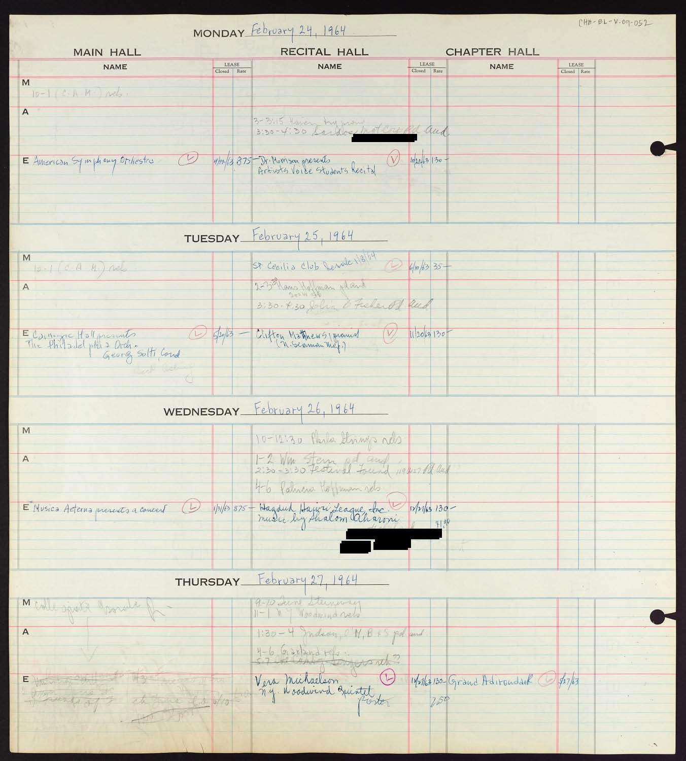 Carnegie Hall Booking Ledger, volume 9, page 52