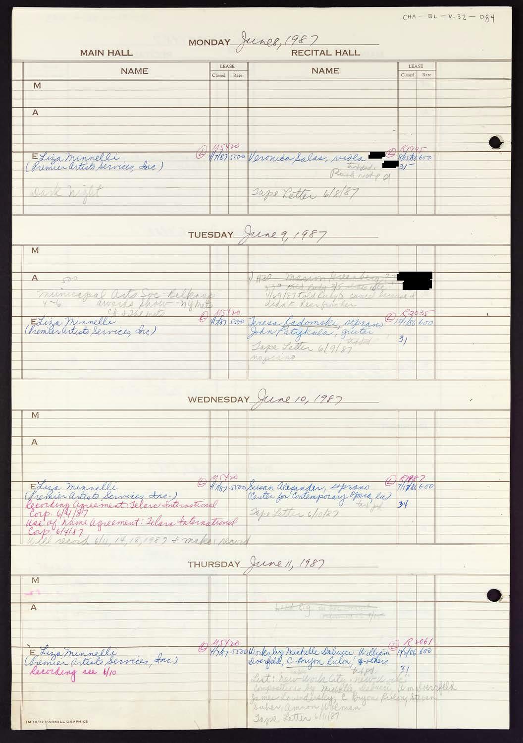 Carnegie Hall Booking Ledger, volume 32, page 84