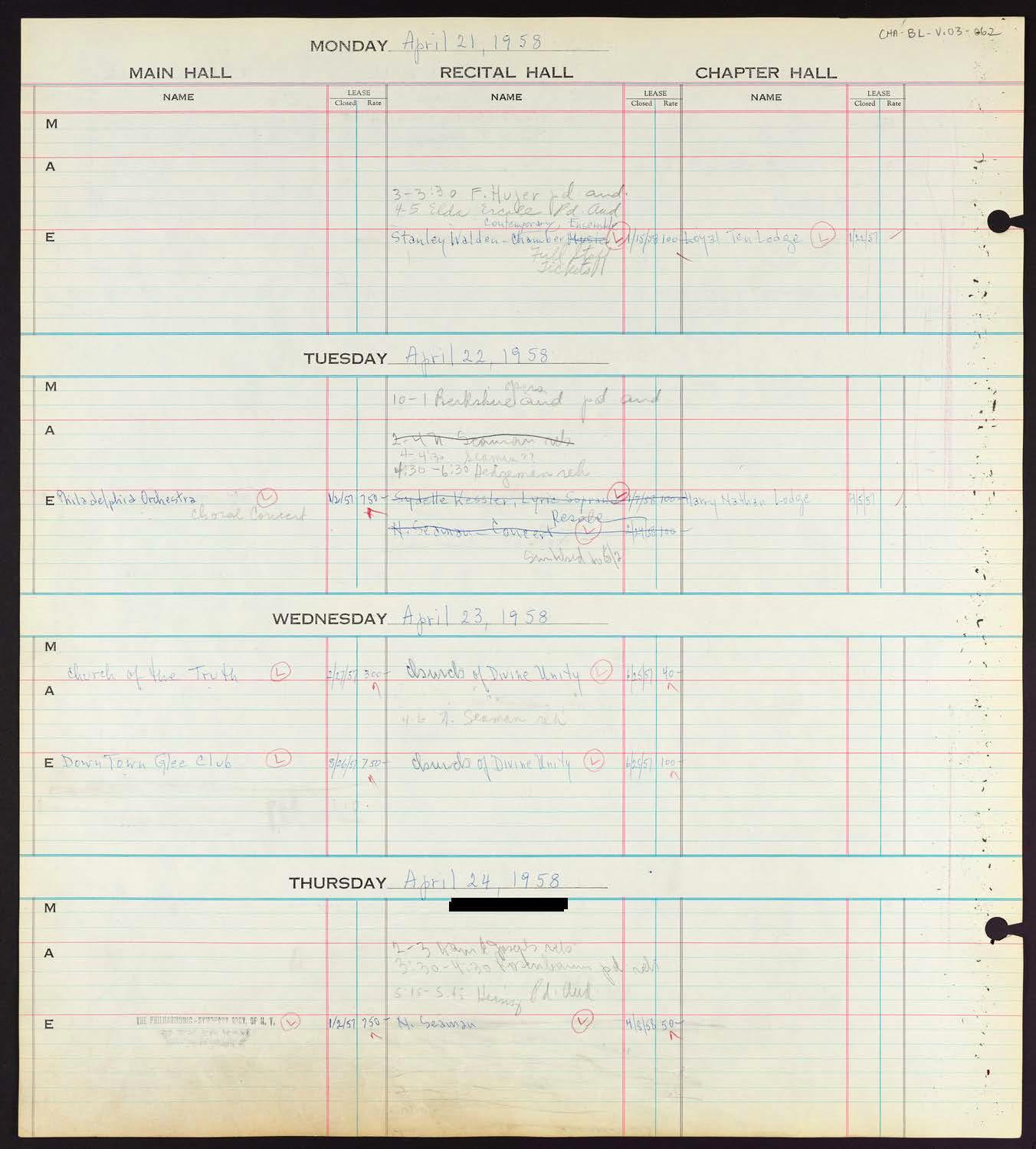 Carnegie Hall Booking Ledger, volume 3, page 62