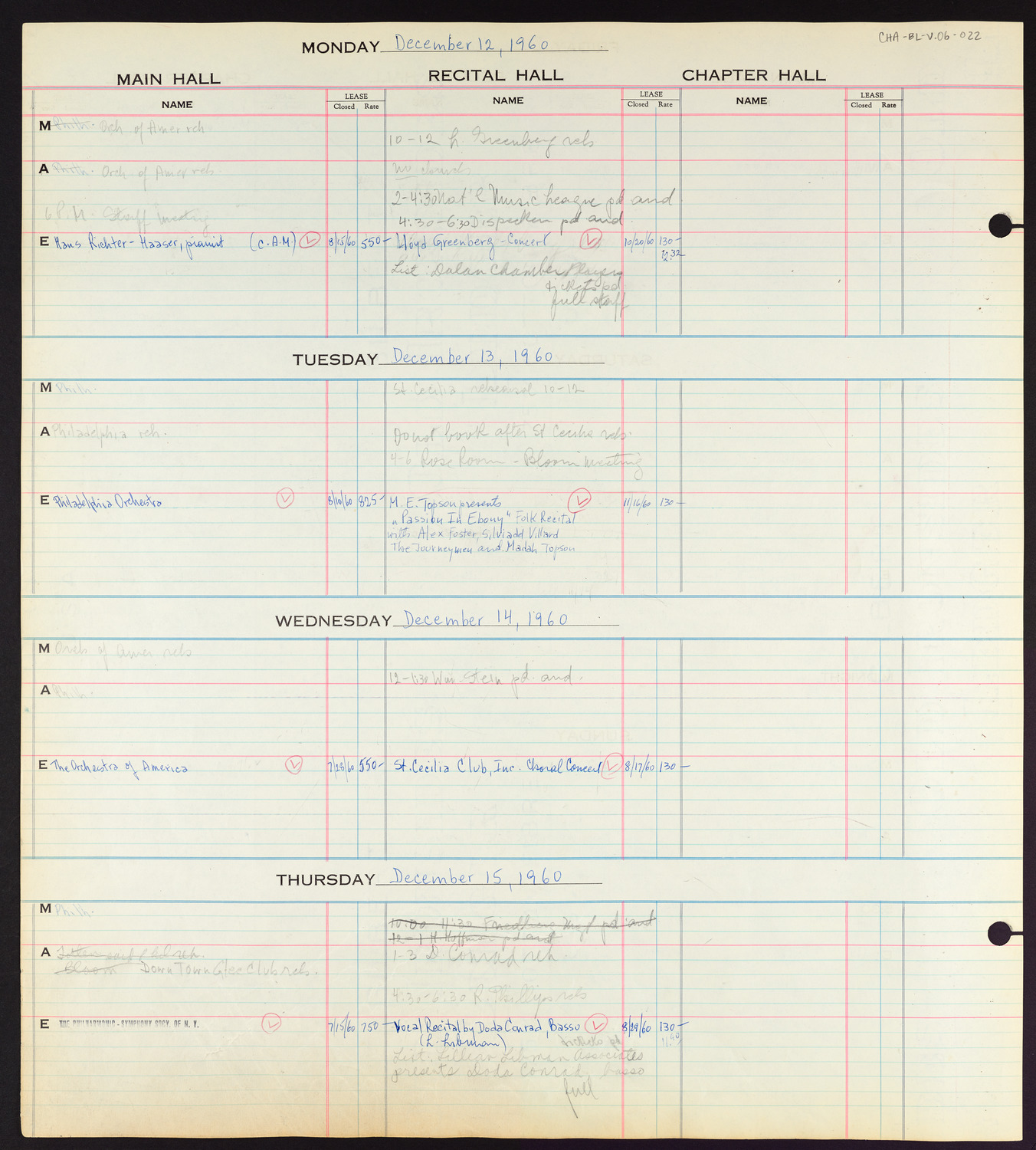 Carnegie Hall Booking Ledger, volume 6, page 22