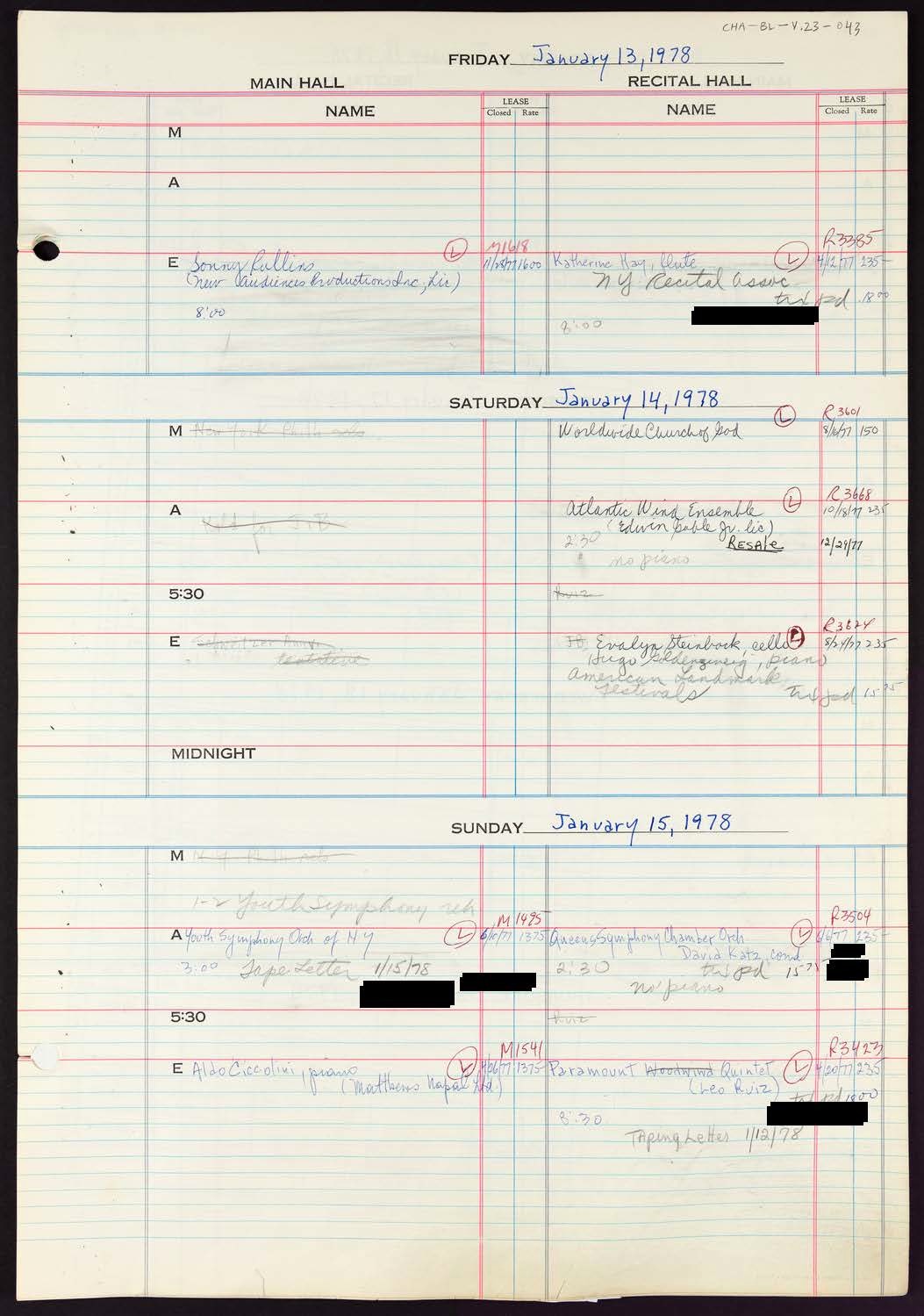 Carnegie Hall Booking Ledger, volume 23, page 43