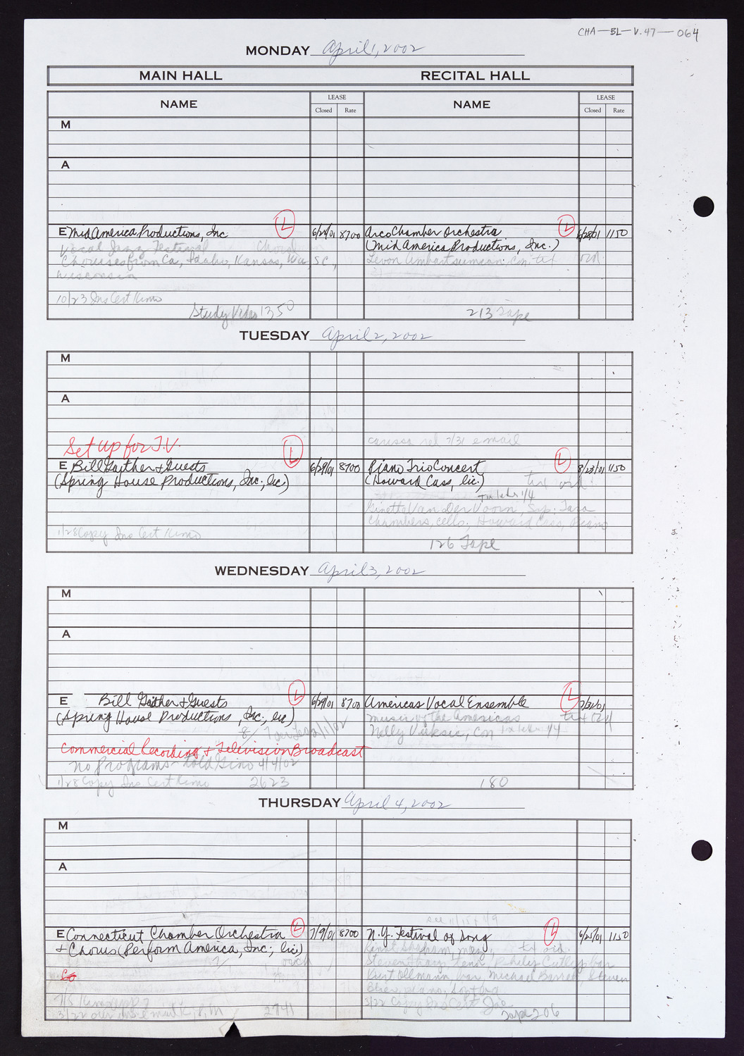 Carnegie Hall Booking Ledger, volume 47, page 64