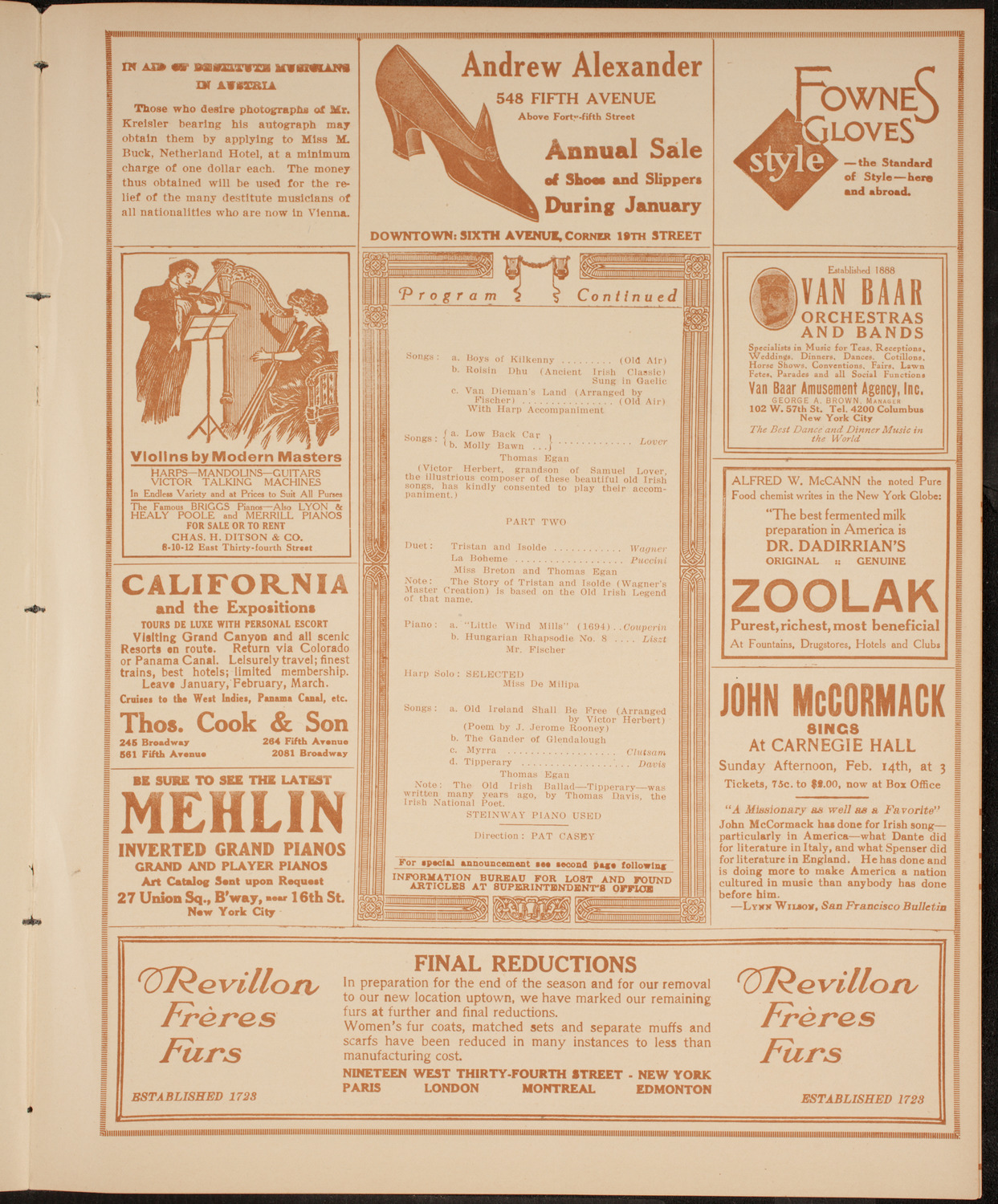 Thomas Egan, Tenor, February 5, 1915, program page 7