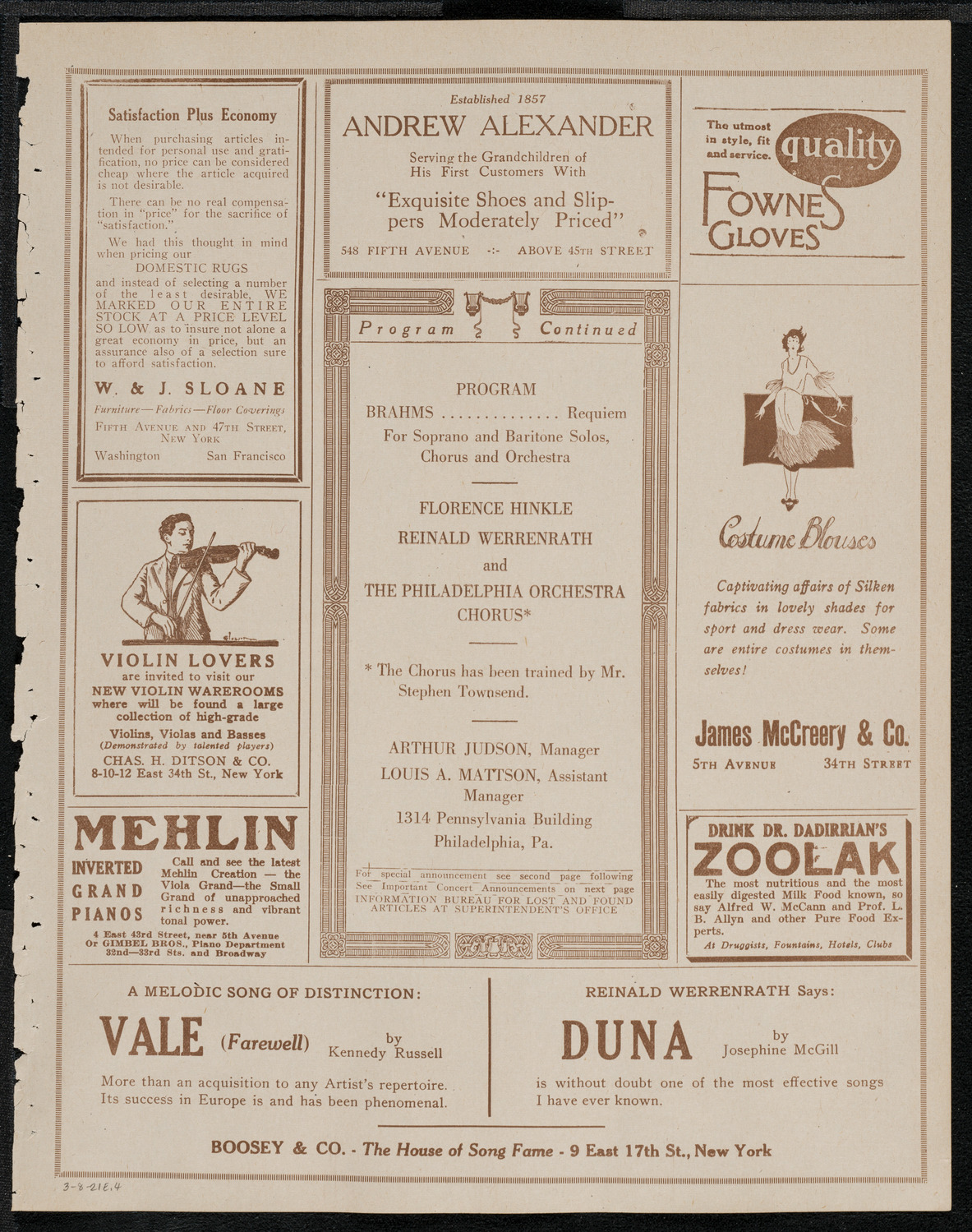 Philadelphia Orchestra, March 8, 1921, program page 7