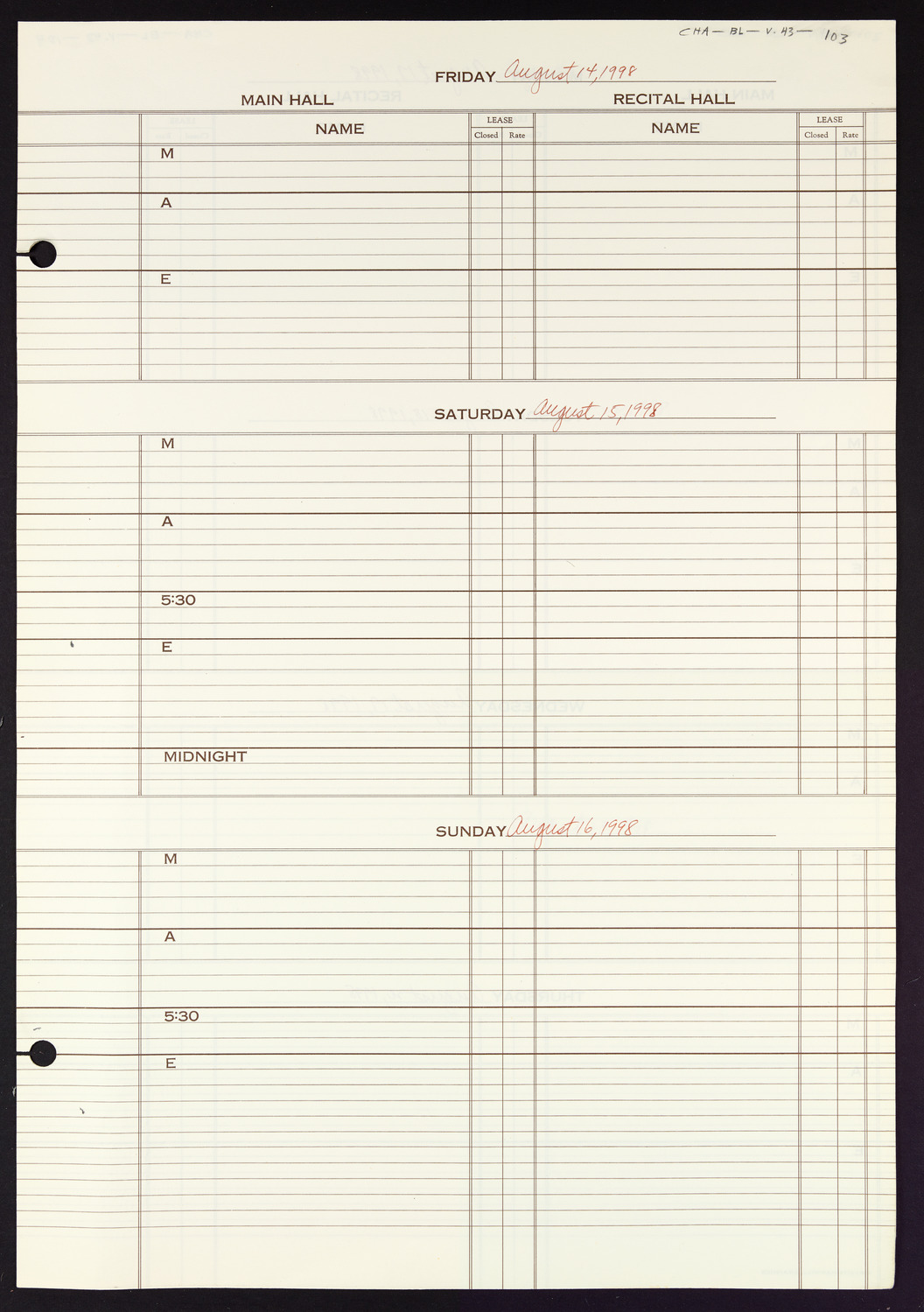 Carnegie Hall Booking Ledger, volume 43, page 103