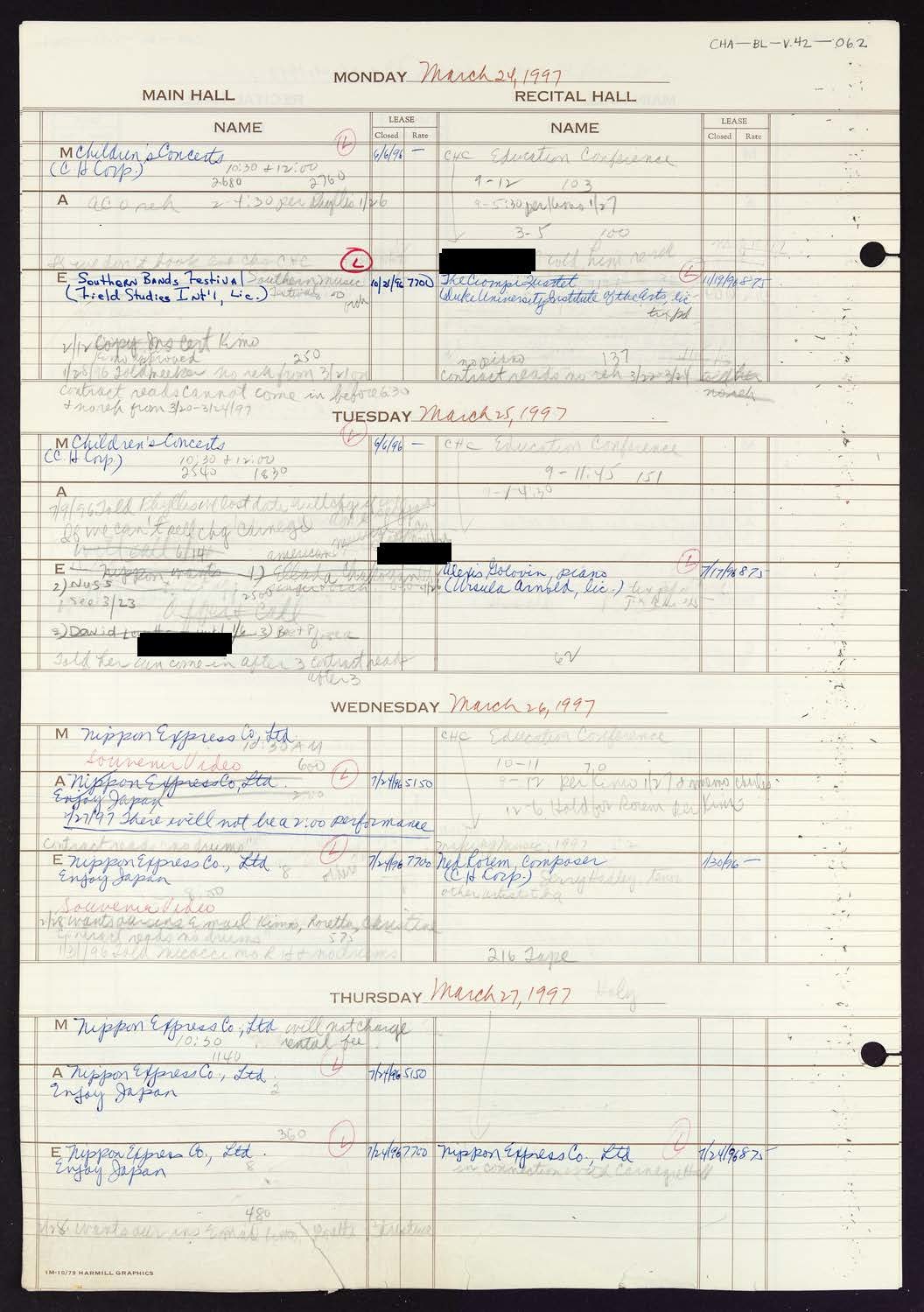 Carnegie Hall Booking Ledger, volume 42, page 62