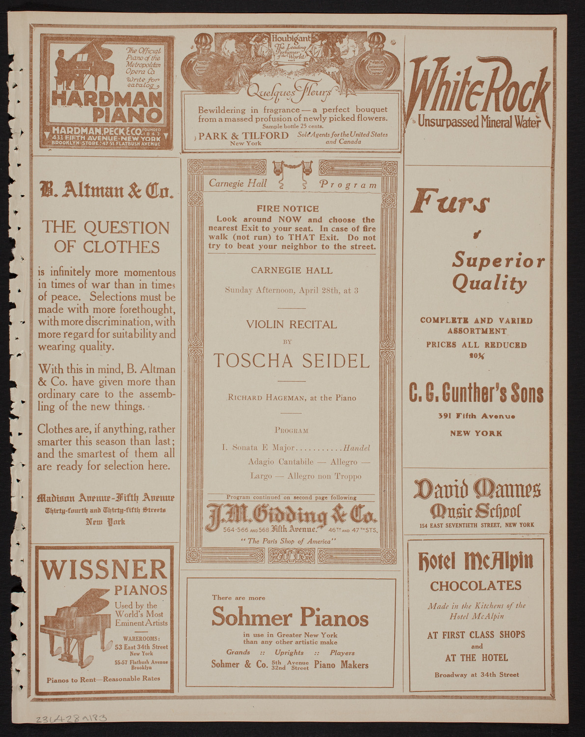 Toscha Seidel, Violin, April 28, 1918, program page 5