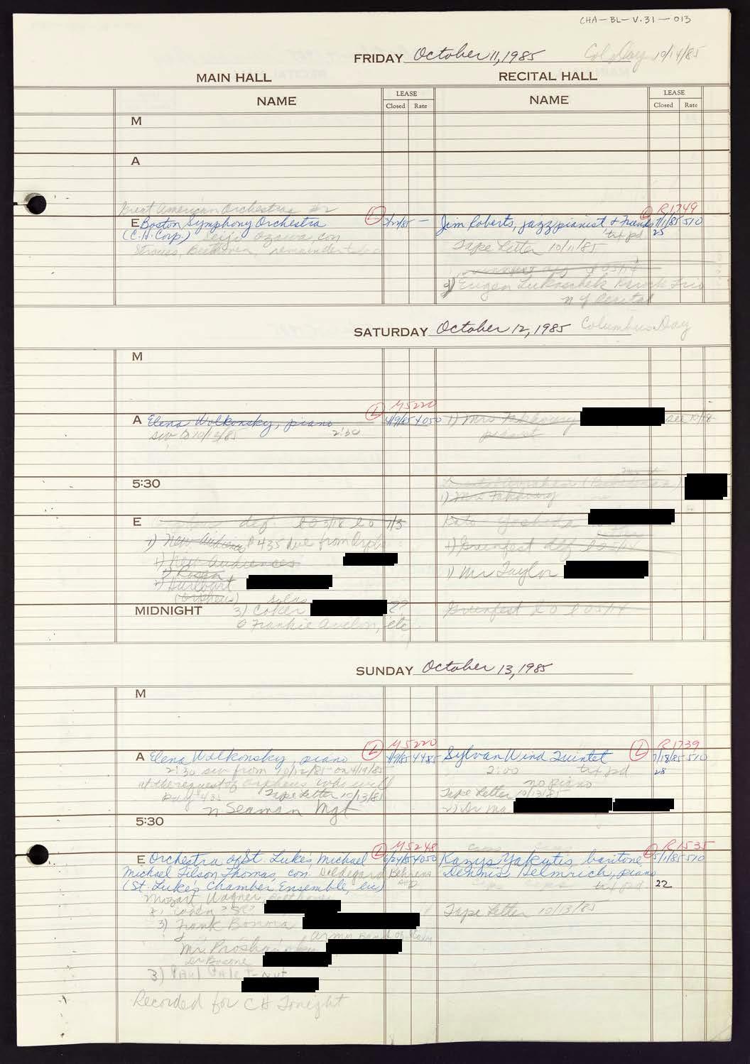 Carnegie Hall Booking Ledger, volume 31, page 13