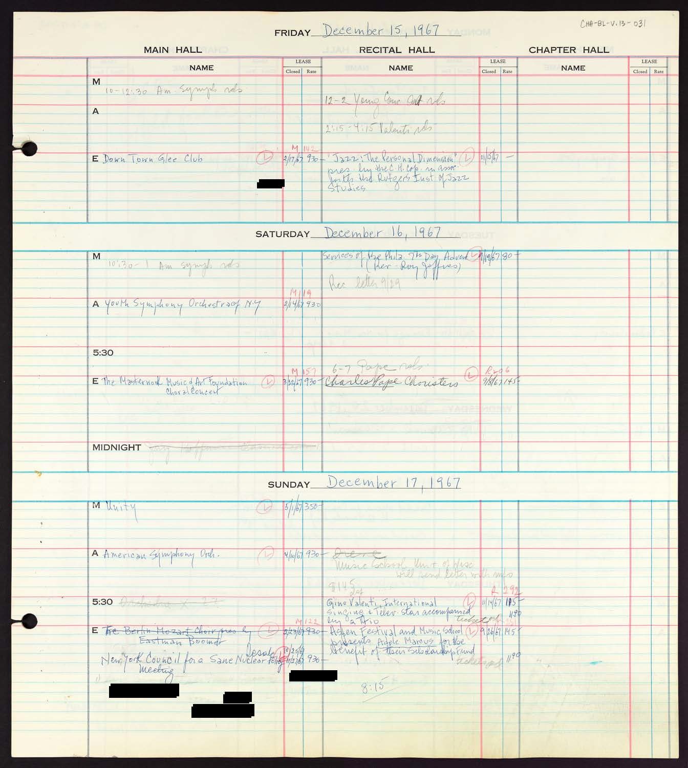 Carnegie Hall Booking Ledger, volume 13, page 31